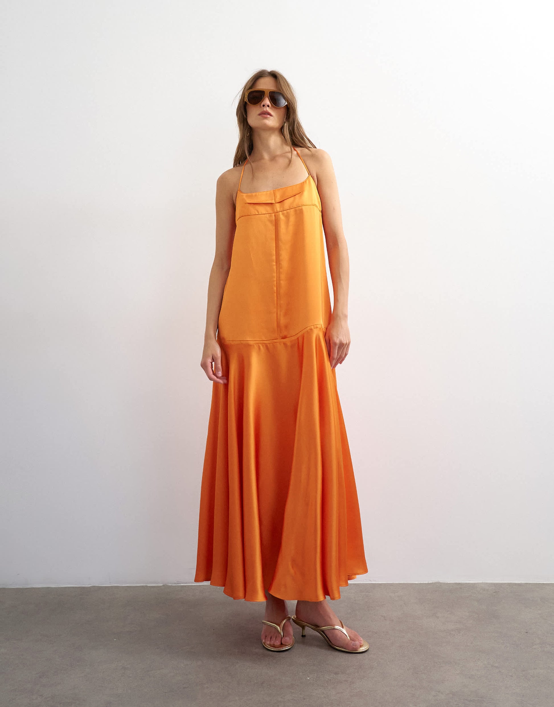 Topshop satin seamed maxi dress with piped edges in russet orange
