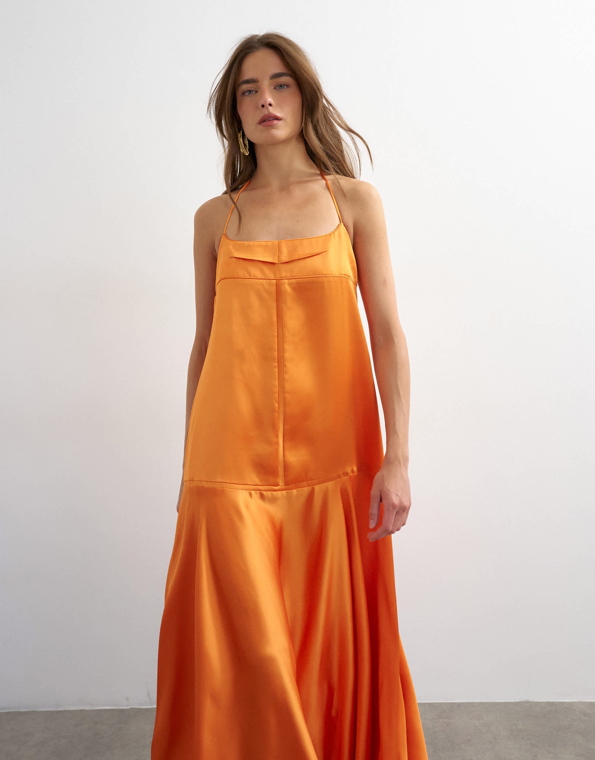 Topshop satin seamed maxi dress with piped edges in russet orange