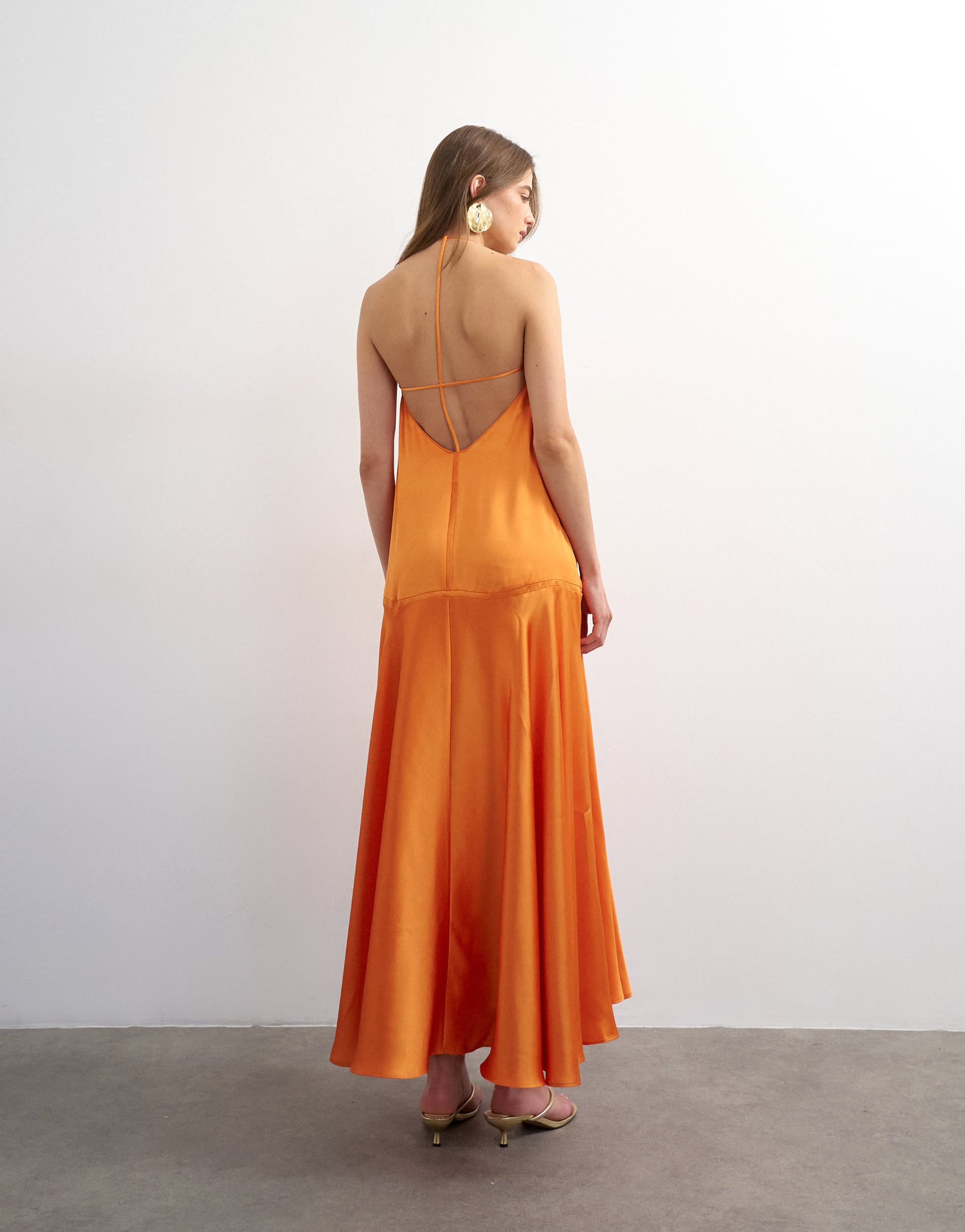 Topshop satin seamed maxi dress with piped edges in russet orange