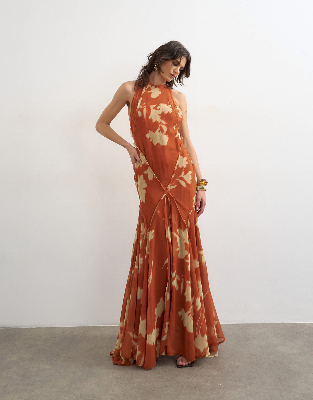 Topshop premium high neck open back maxi dress in spaced orange floral