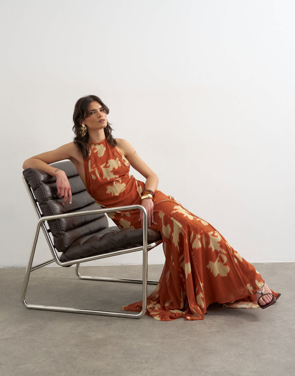 Topshop premium high neck open back maxi dress in spaced orange floral