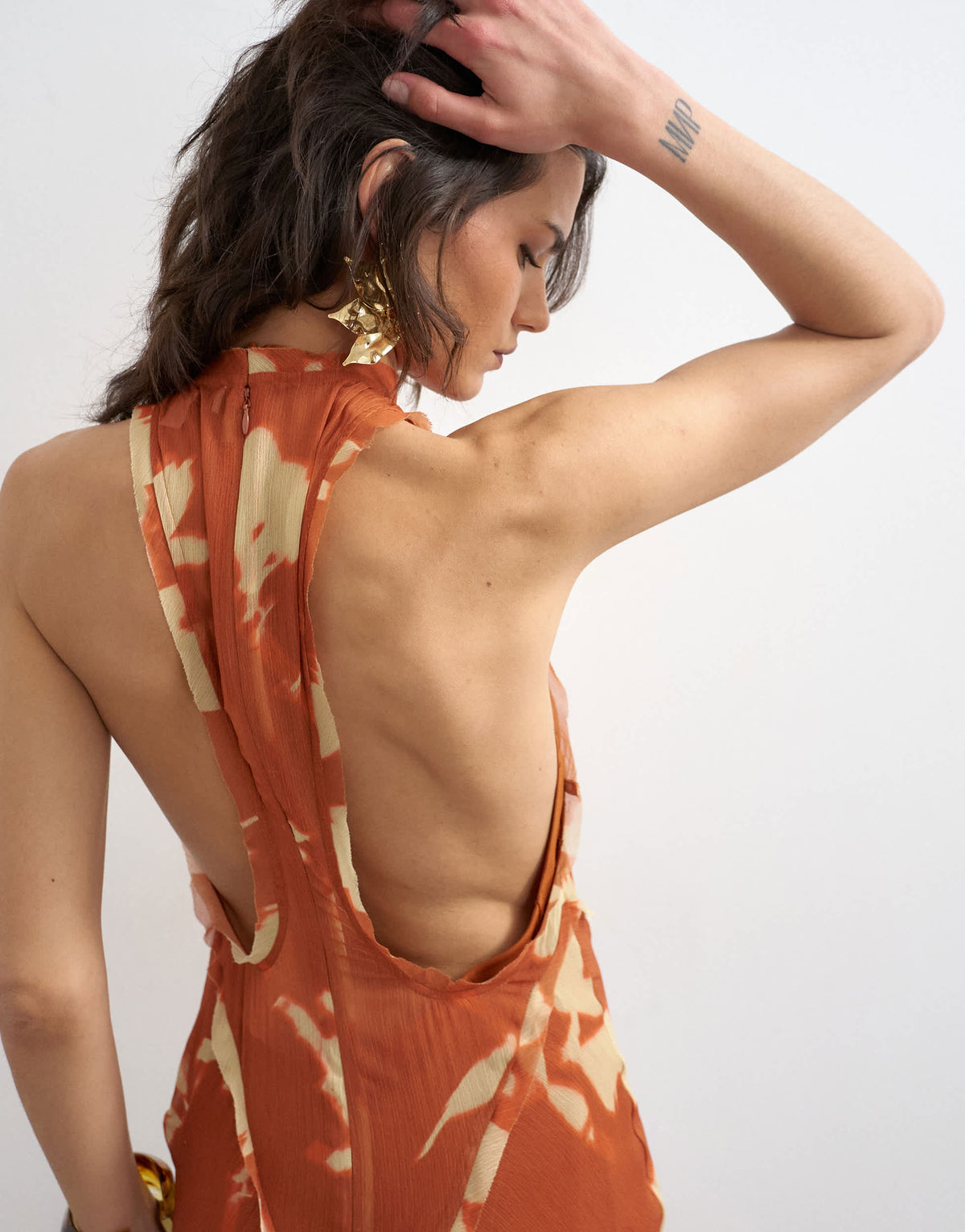 Topshop premium high neck open back maxi dress in spaced orange floral