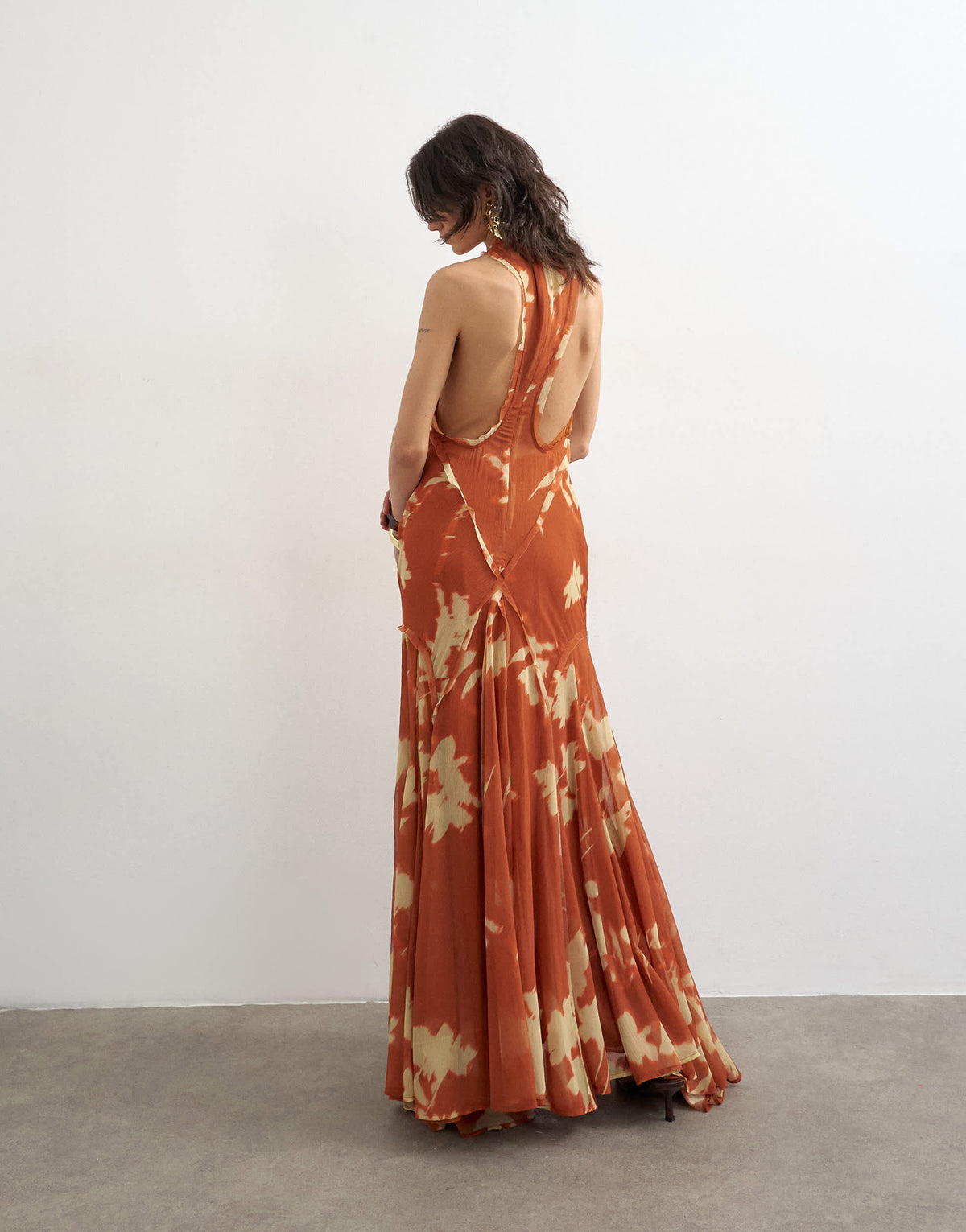 Topshop premium high neck open back maxi dress in spaced orange floral