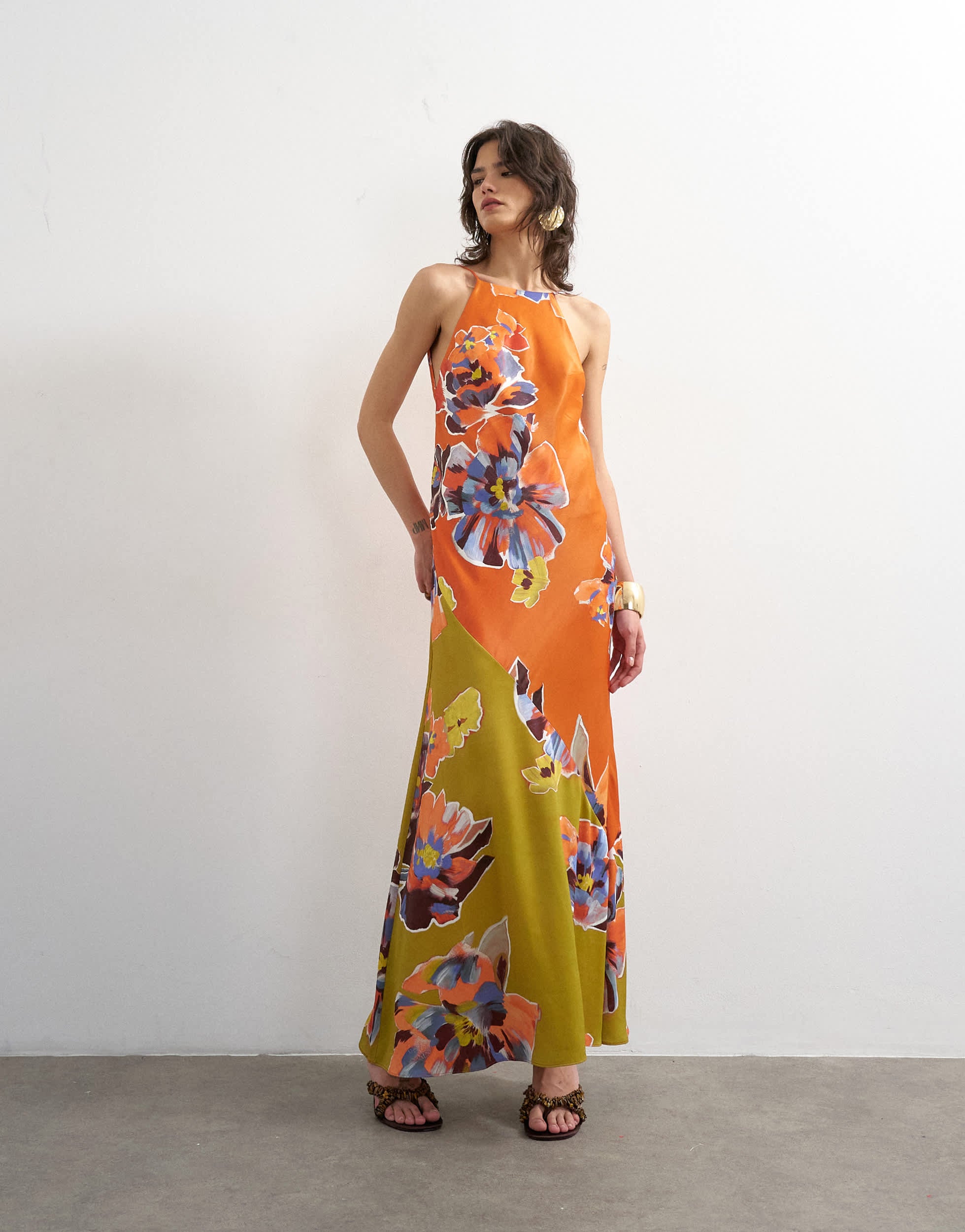 Topshop satin bias halter neck open scoop back maxi dress in bold contrast floral