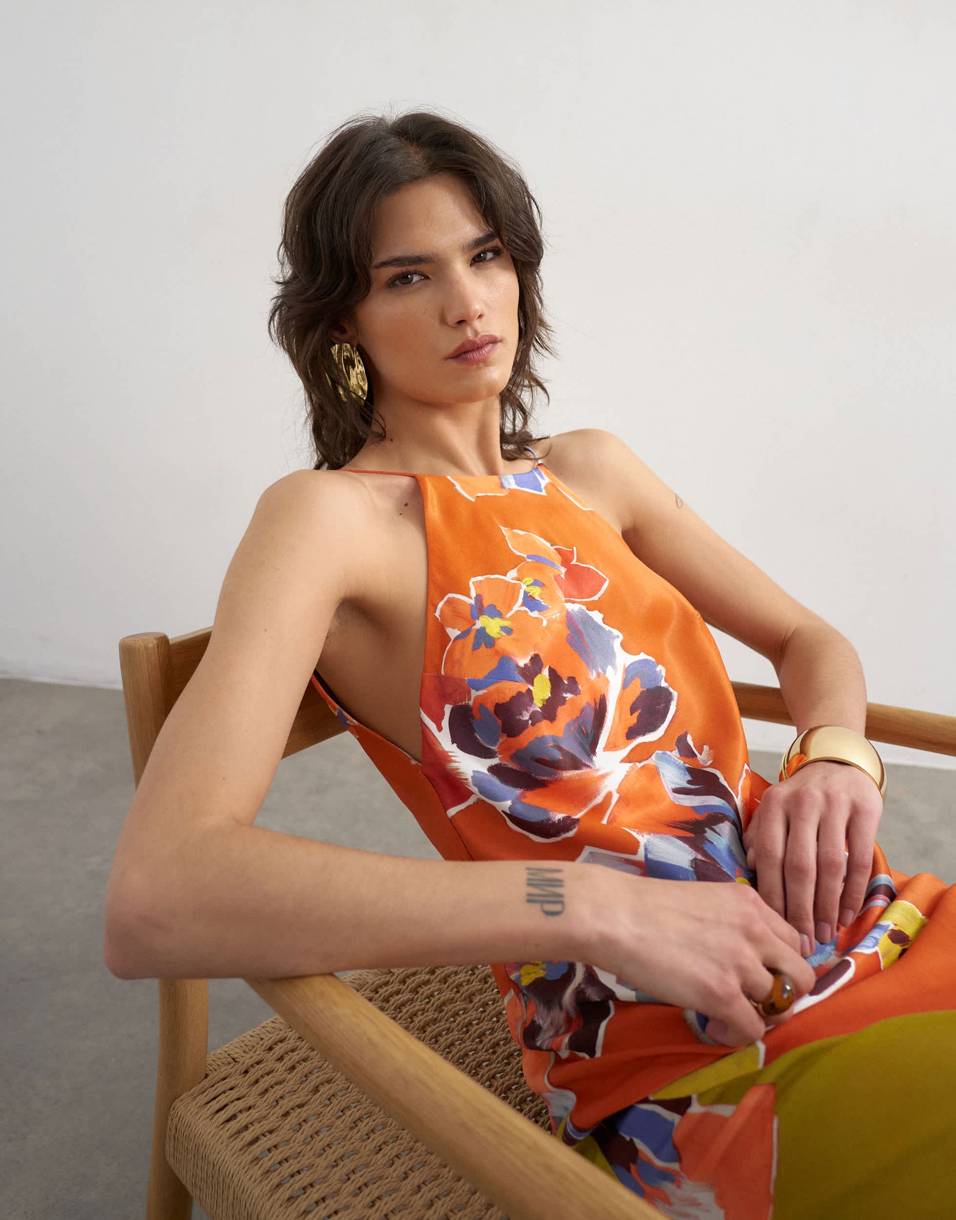Topshop satin bias halter neck open scoop back maxi dress in bold contrast floral