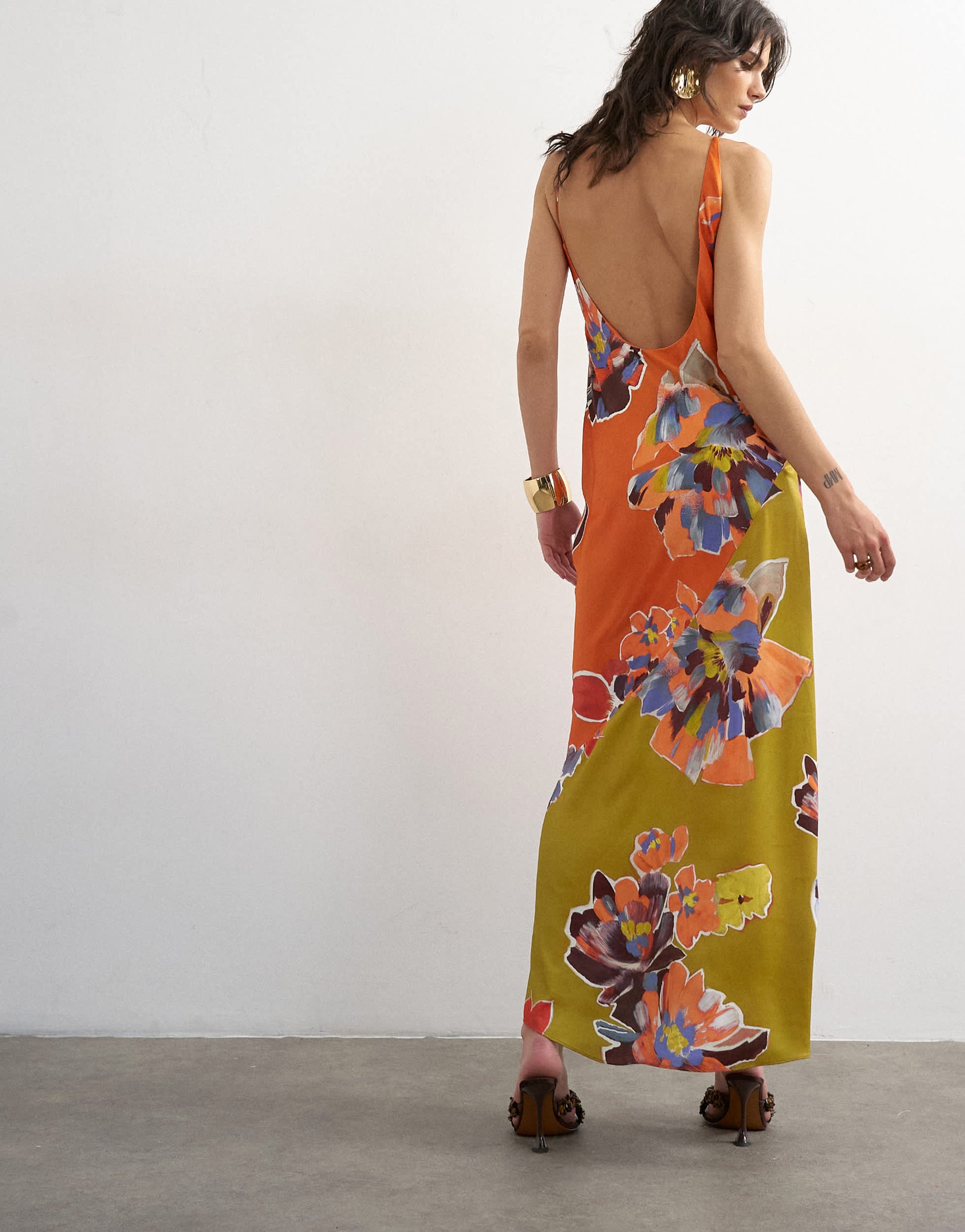 Topshop satin bias halter neck open scoop back maxi dress in bold contrast floral