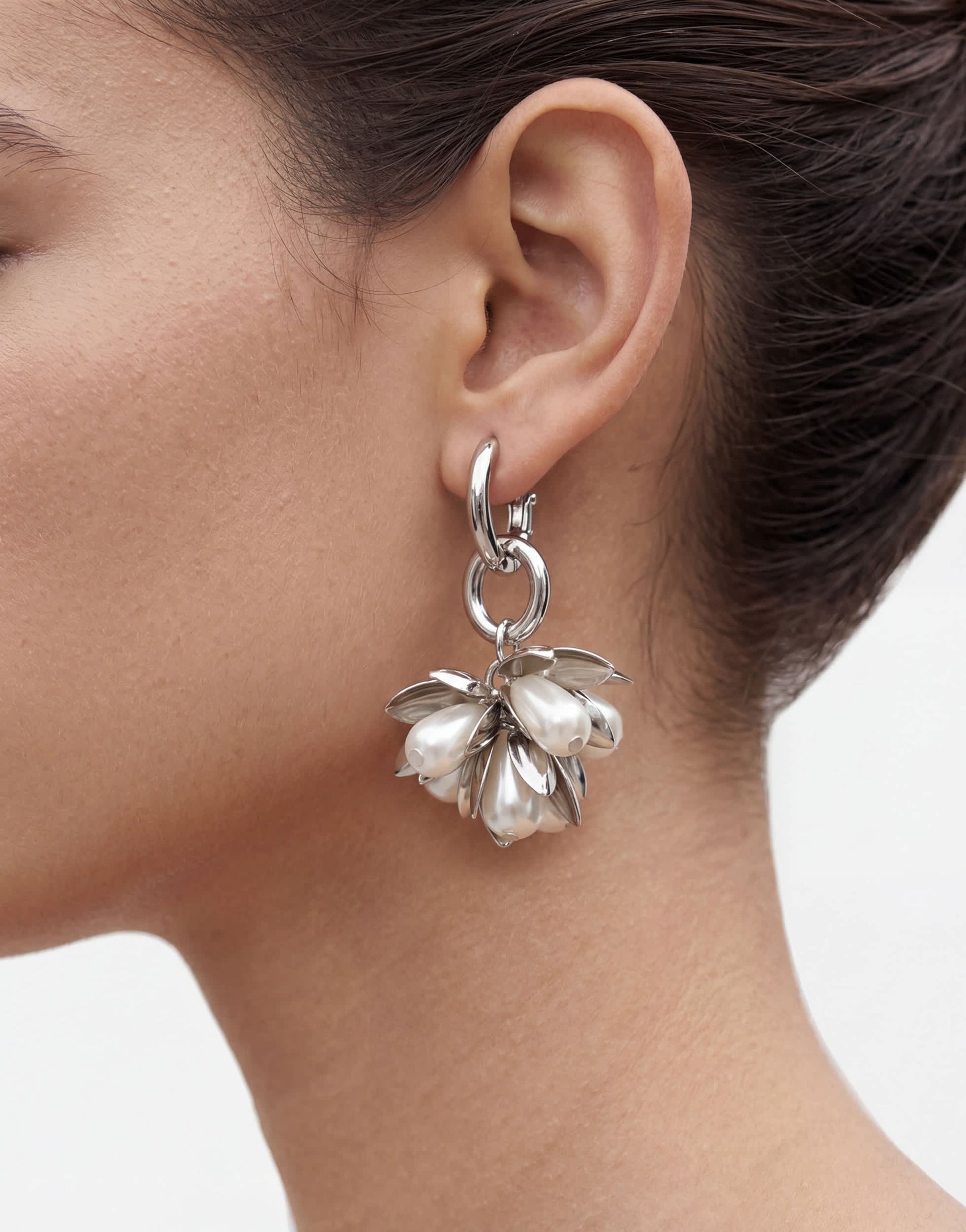 Topshop Colette flower cluster drop earring in silver and pearl