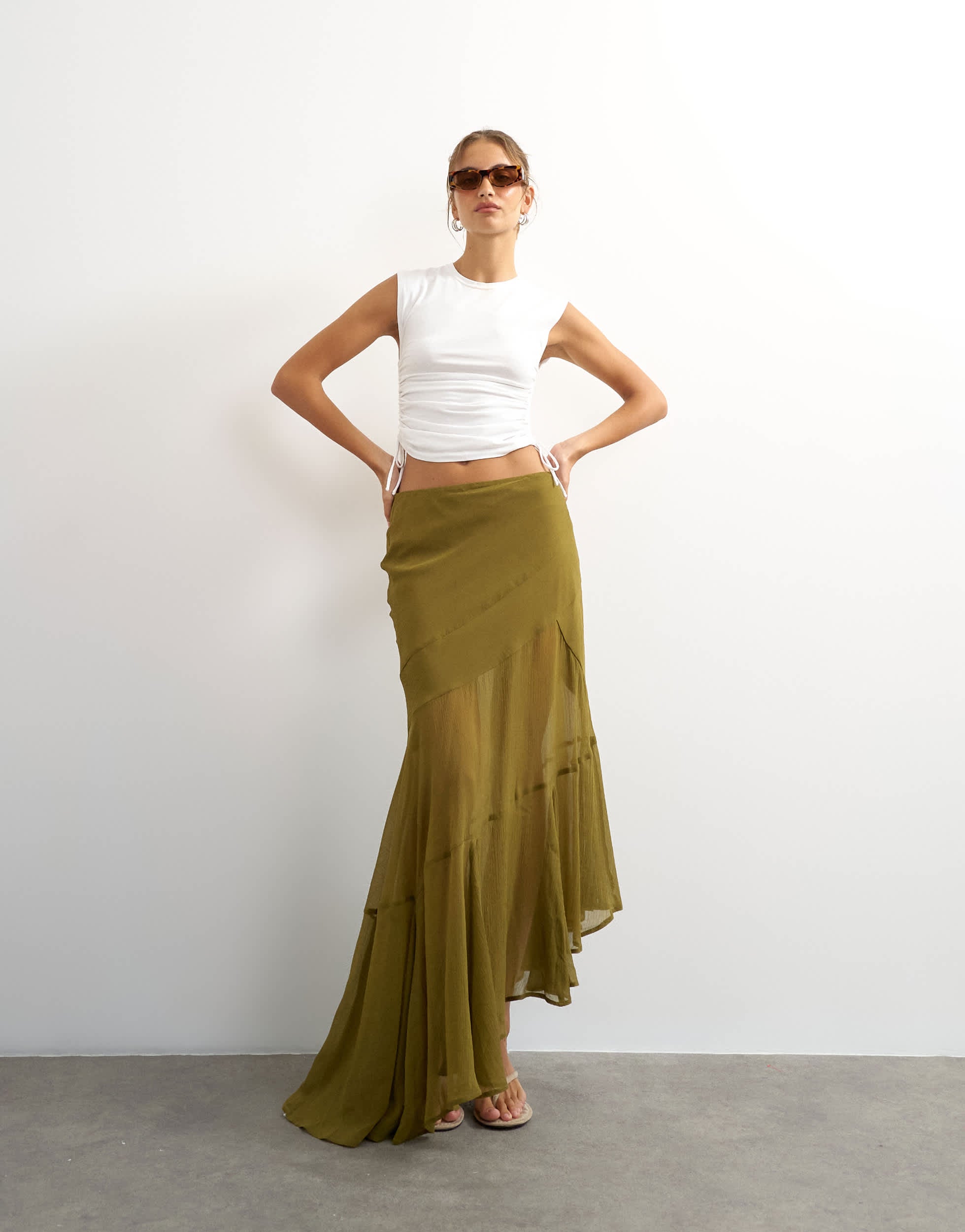 Topshop sheer panelled asymmetrical maxi skirt in green