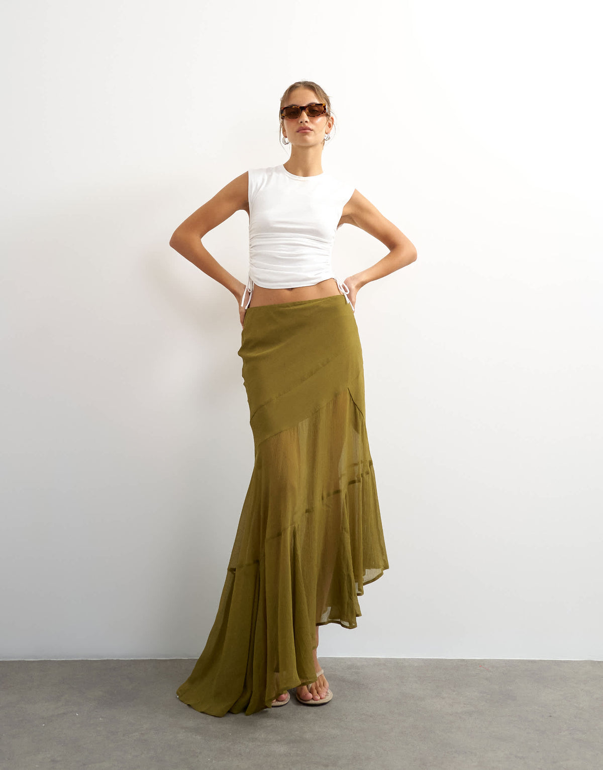 Topshop sheer panelled asymmetrical maxi skirt in green