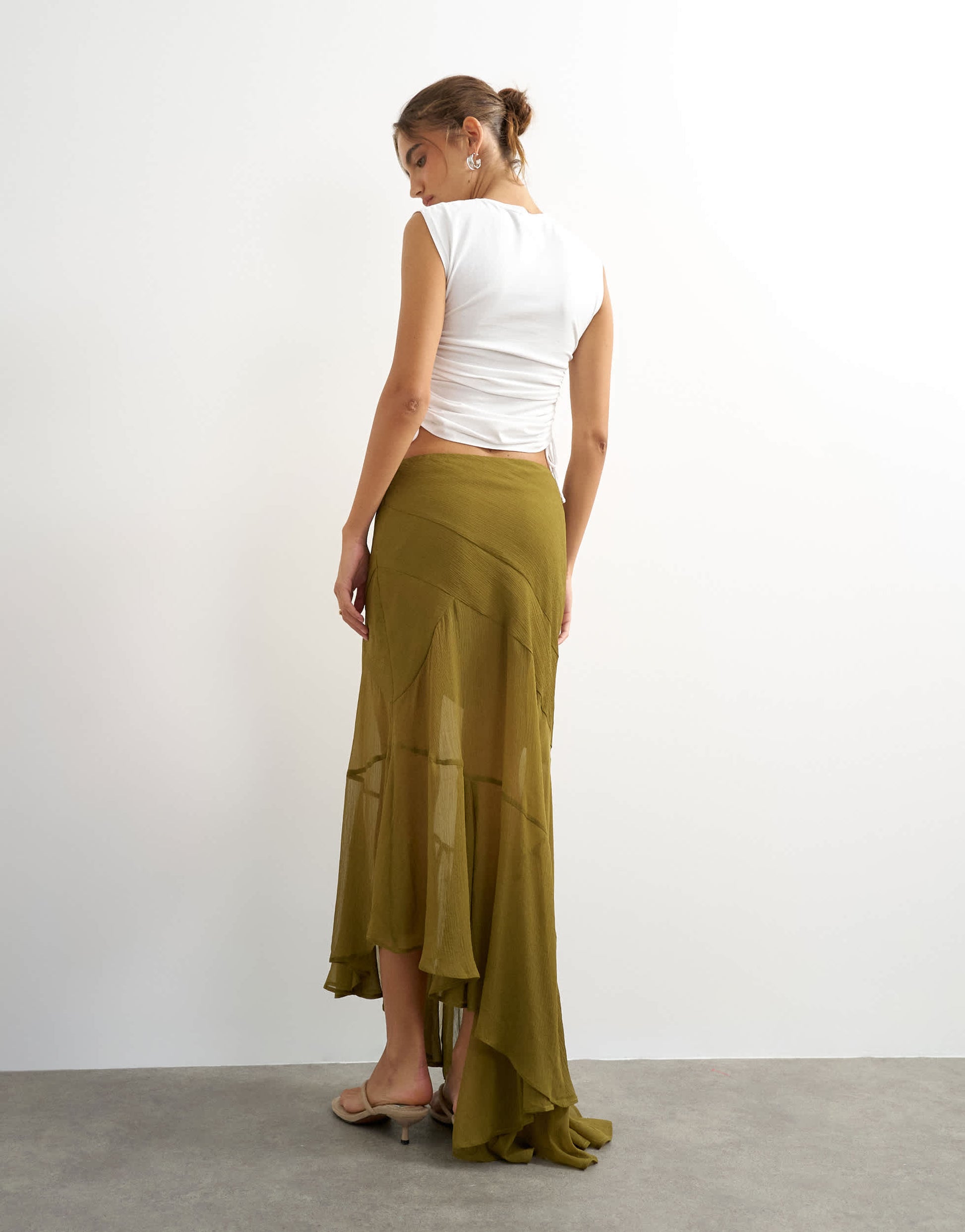 Topshop sheer panelled asymmetrical maxi skirt in green