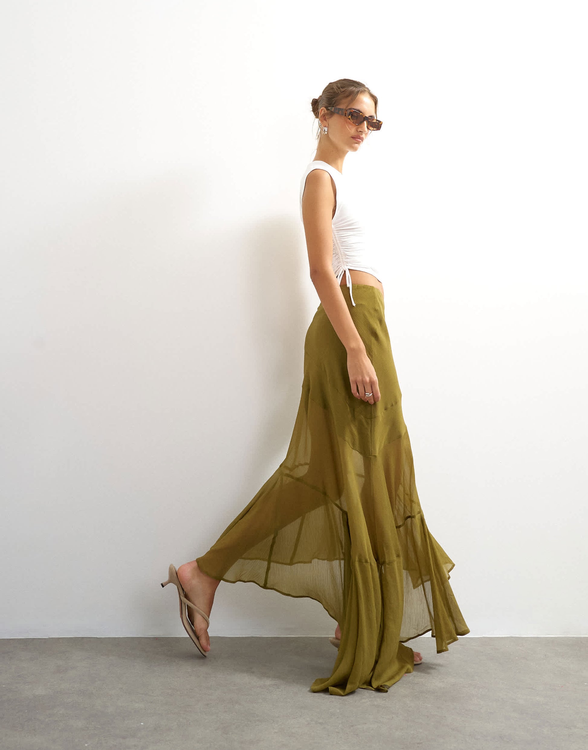 Topshop sheer panelled asymmetrical maxi skirt in green