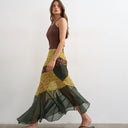 Topshop sheer panelled asymmetrical maxi skirt in green and brown spot