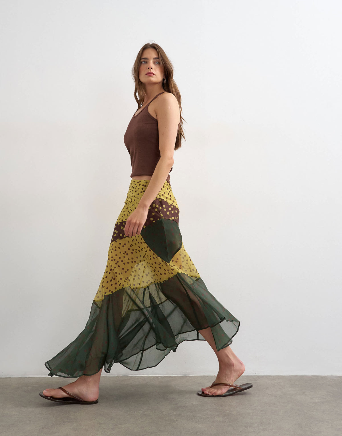 Topshop sheer panelled asymmetrical maxi skirt in green and brown spot
