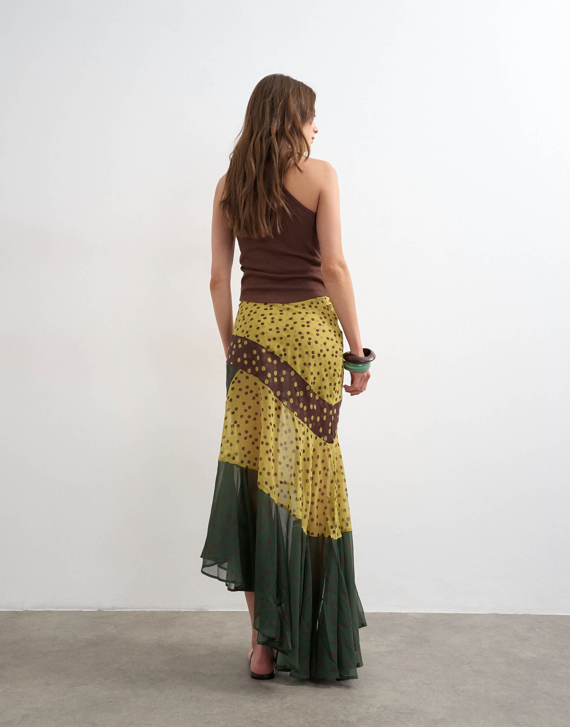 Topshop sheer panelled asymmetrical maxi skirt in green and brown spot