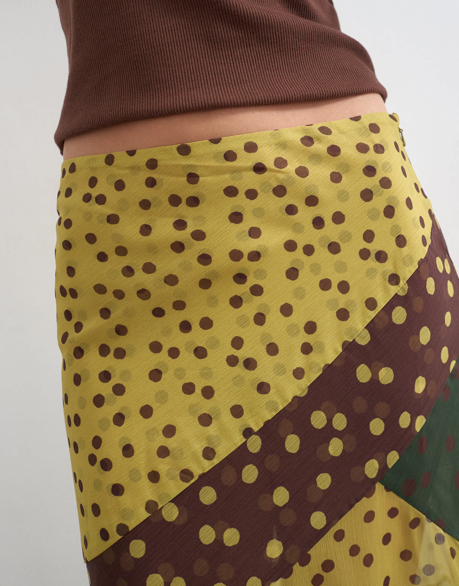 Topshop sheer panelled asymmetrical maxi skirt in green and brown spot
