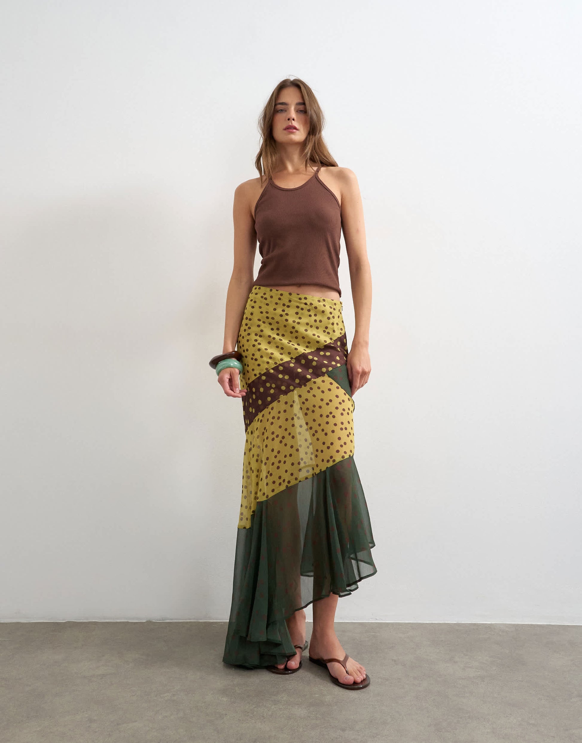 Topshop sheer panelled asymmetrical maxi skirt in green and brown spot