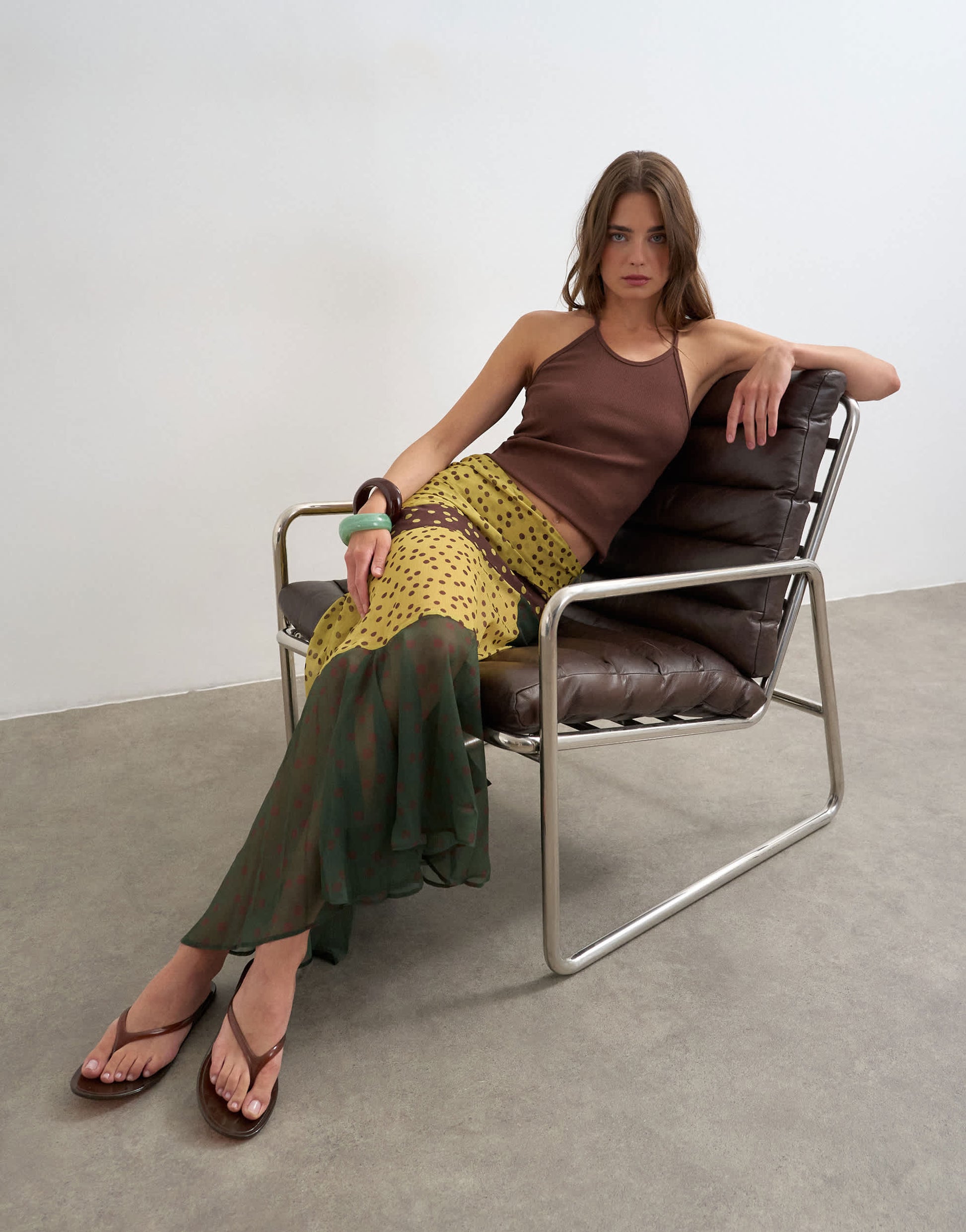 Topshop sheer panelled asymmetrical maxi skirt in green and brown spot