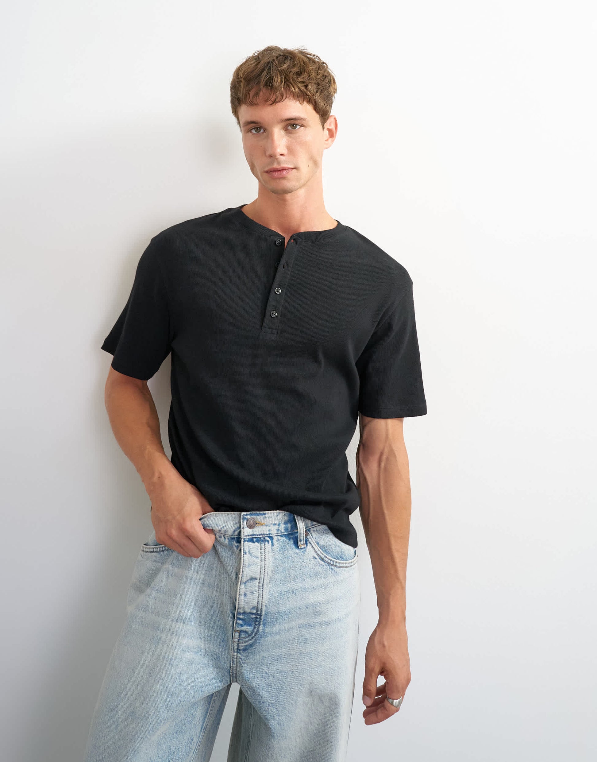 Topman slim fit rib henley t-shirt in black