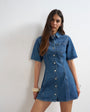 Topshop denim short sleeve button down mini dress mid blue