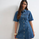 Topshop denim short sleeve button down mini dress mid blue