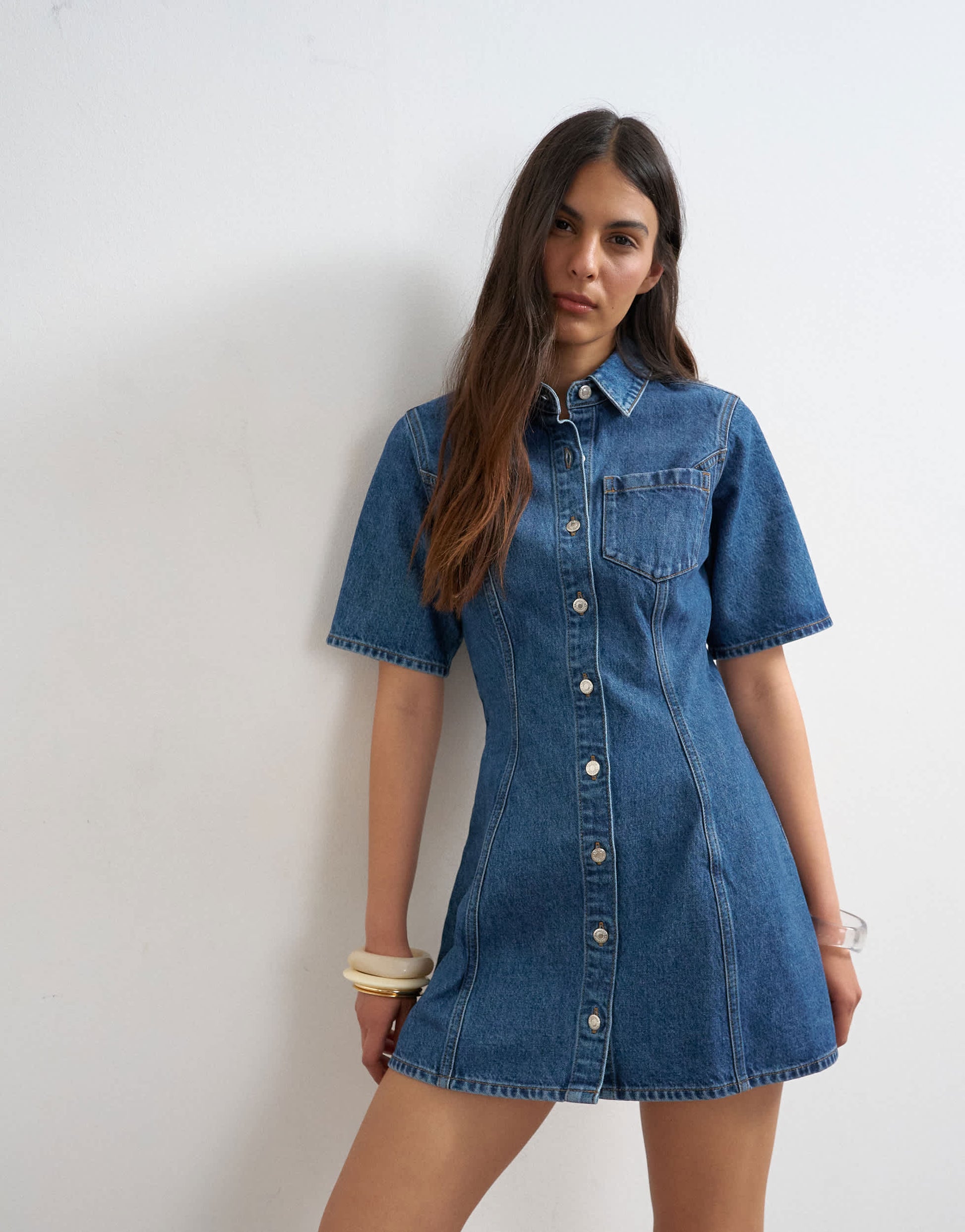 Topshop denim short sleeve button down mini dress mid blue