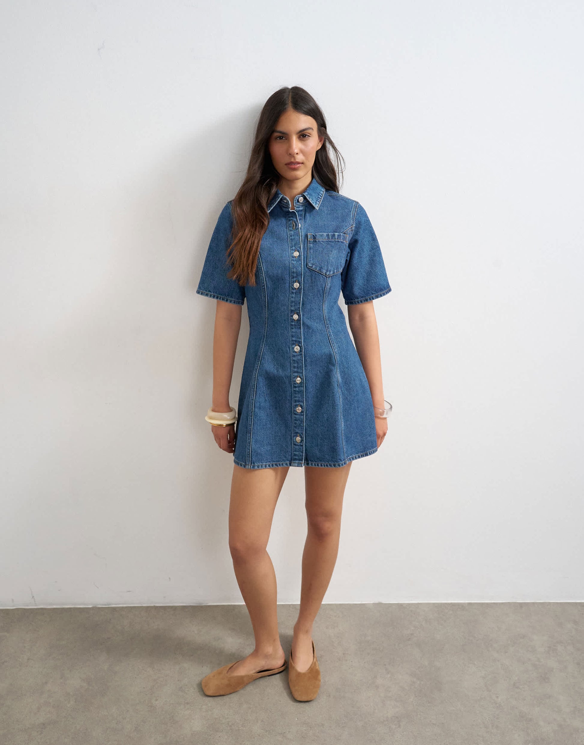 Topshop denim short sleeve button down mini dress mid blue