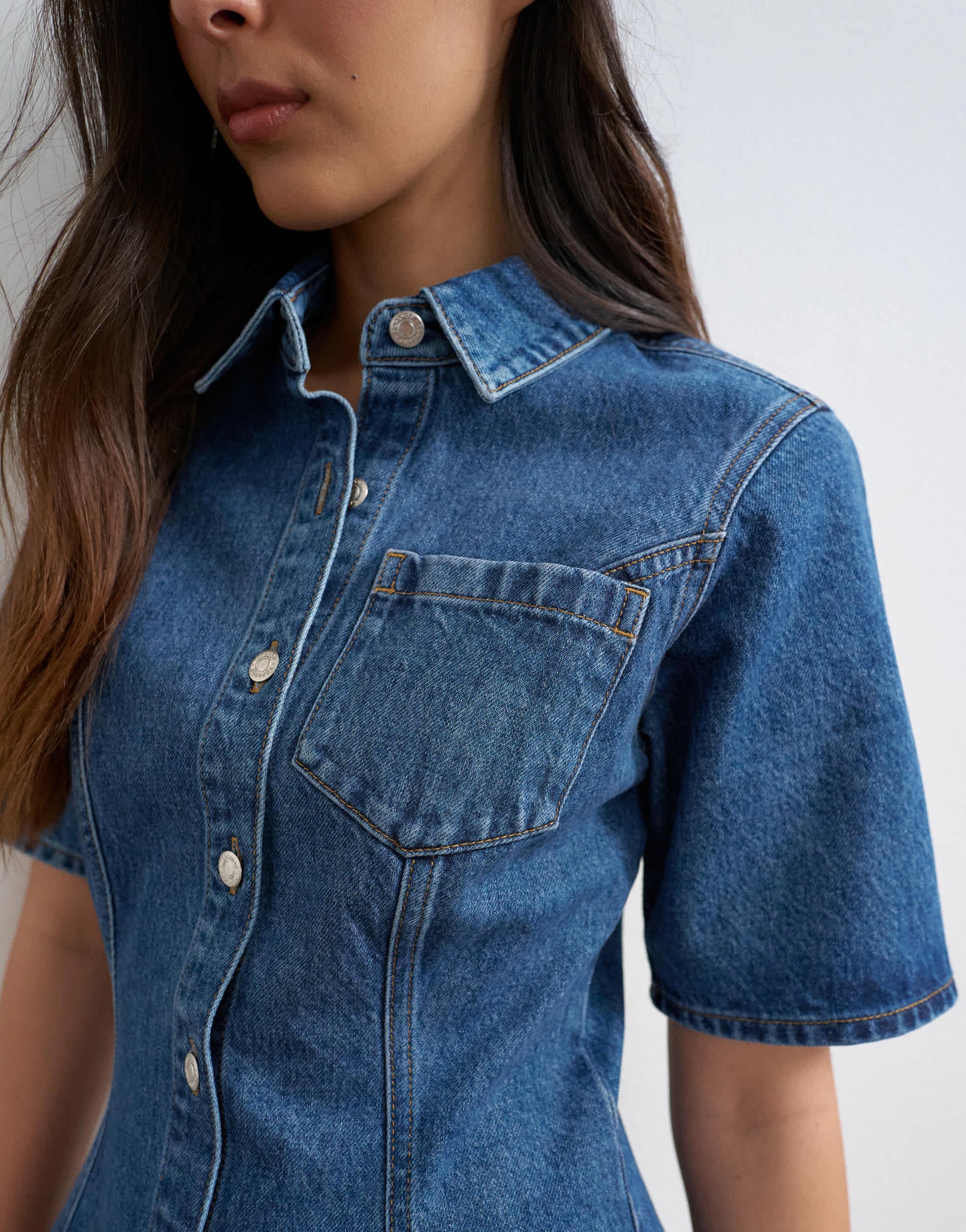 Topshop denim short sleeve button down mini dress mid blue