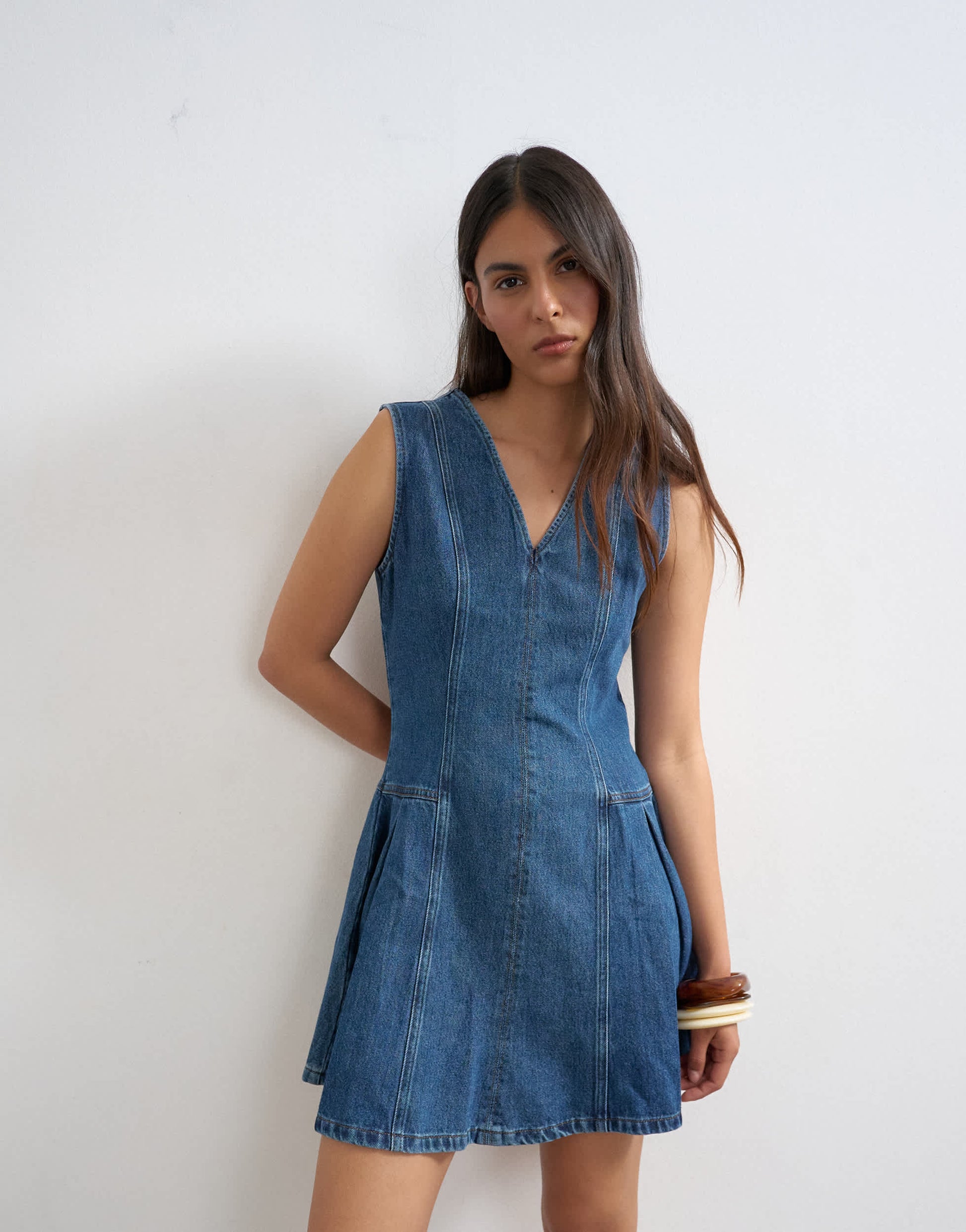 Topshop denim pleated side down mini dress rich blue