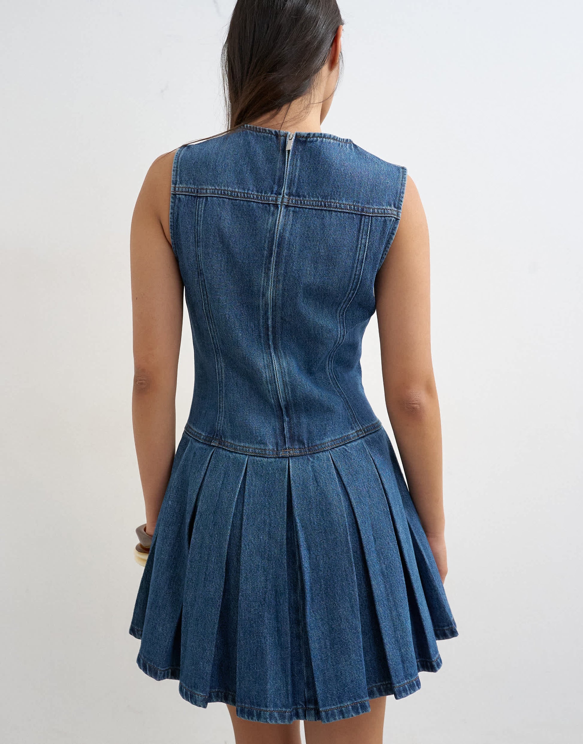 Topshop denim pleated side down mini dress rich blue
