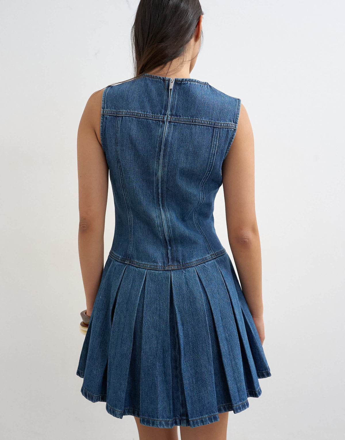 Topshop denim pleated side down mini dress rich blue