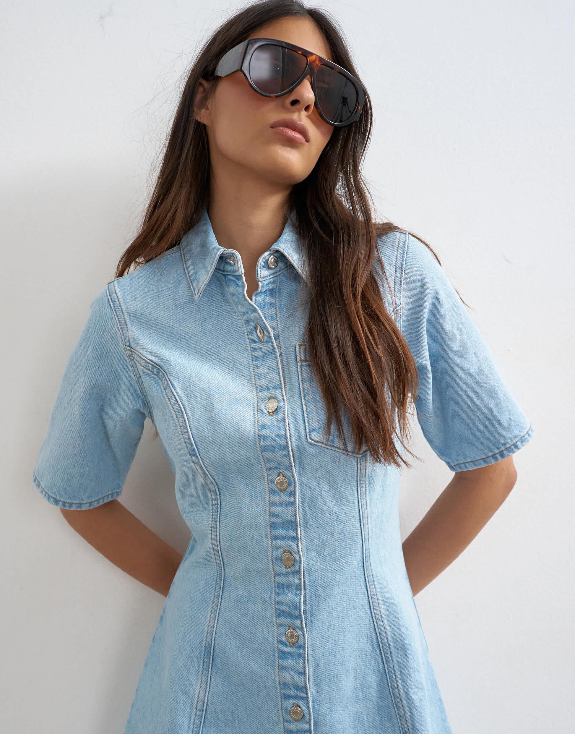 Topshop denim short sleeve button down mini dress bleach