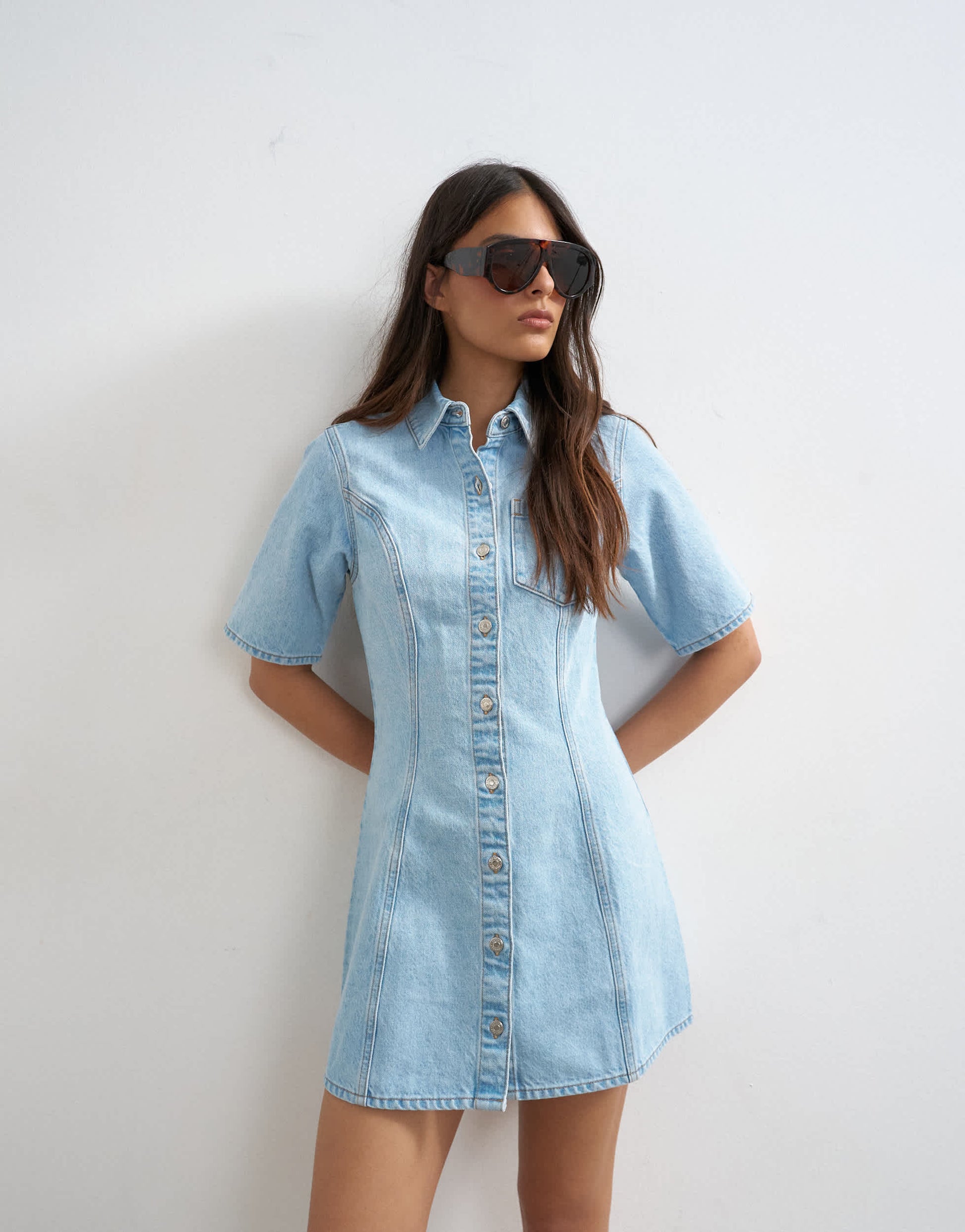 Topshop denim short sleeve button down mini dress bleach