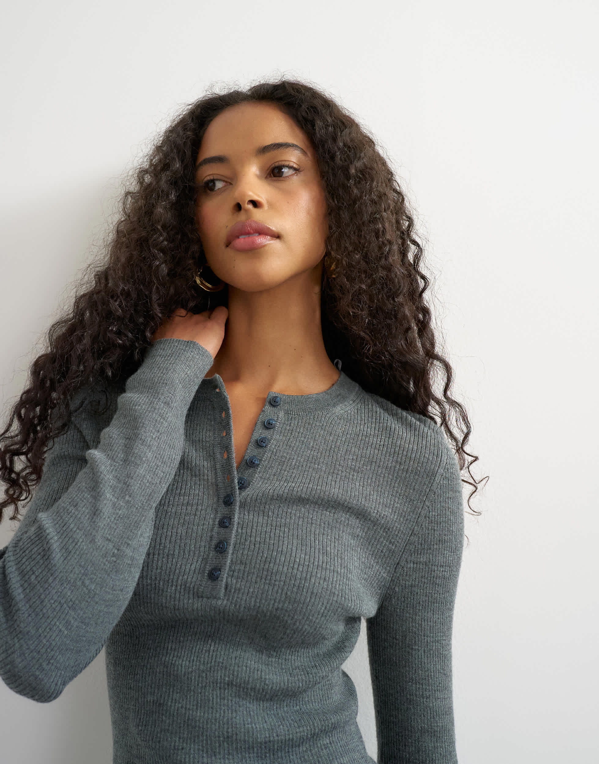 Topshop knitted wool blend henley long sleeve top in charcoal
