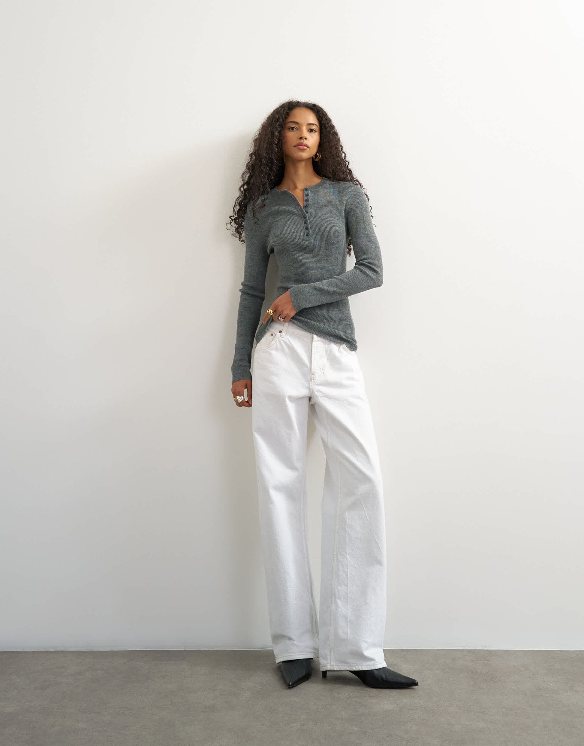 Topshop knitted wool blend henley long sleeve top in charcoal