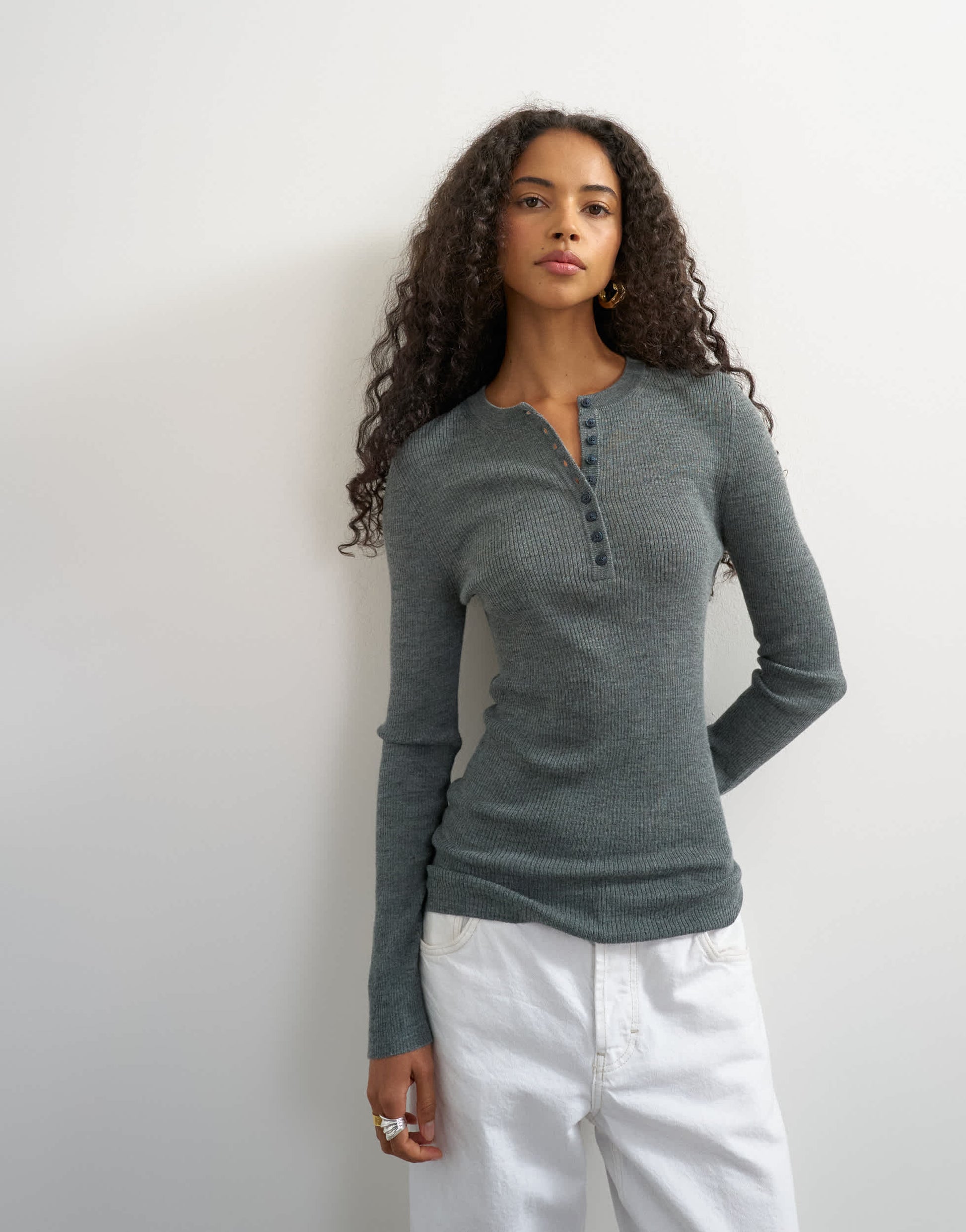 Topshop knitted wool blend henley long sleeve top in charcoal