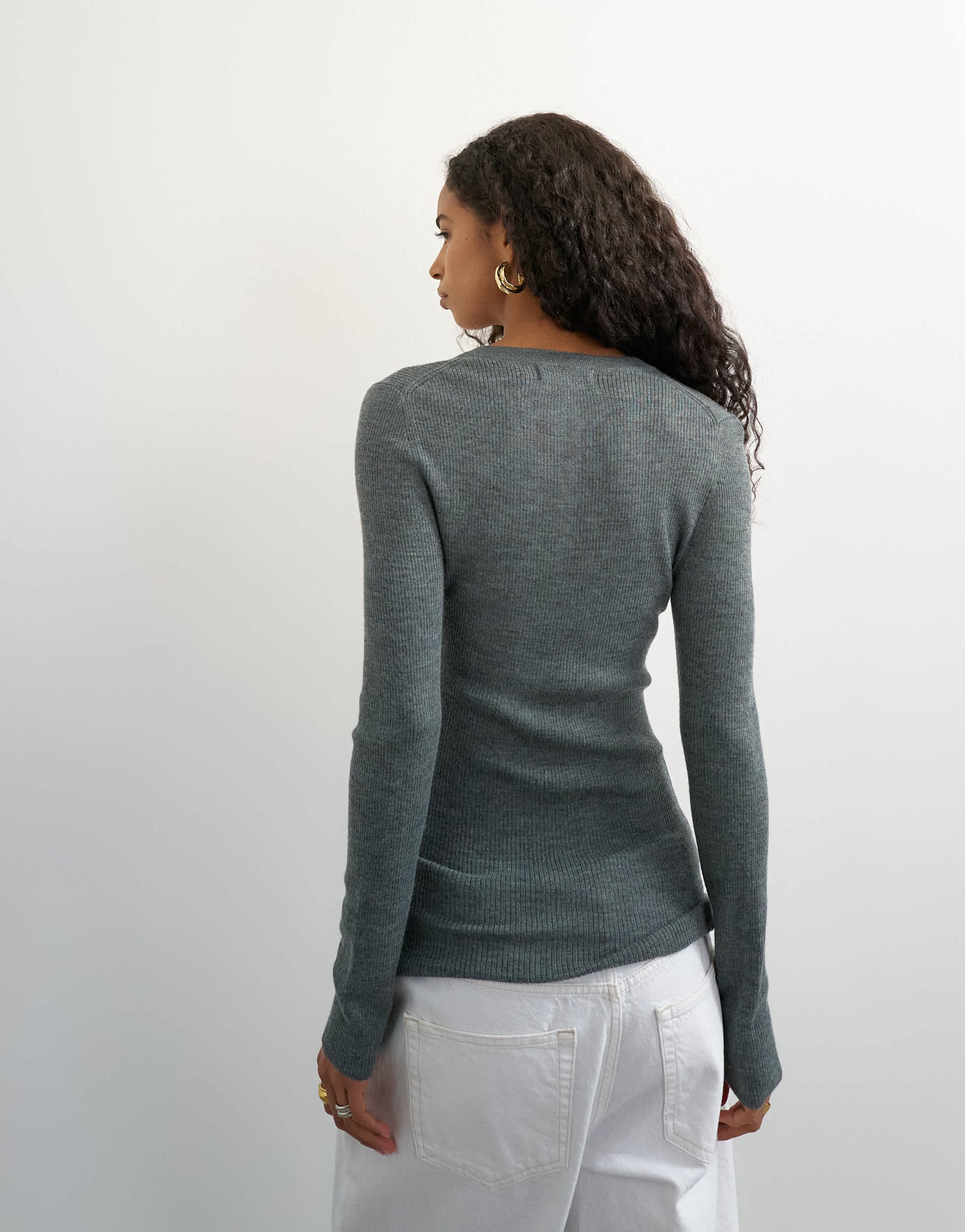 Topshop knitted wool blend henley long sleeve top in charcoal