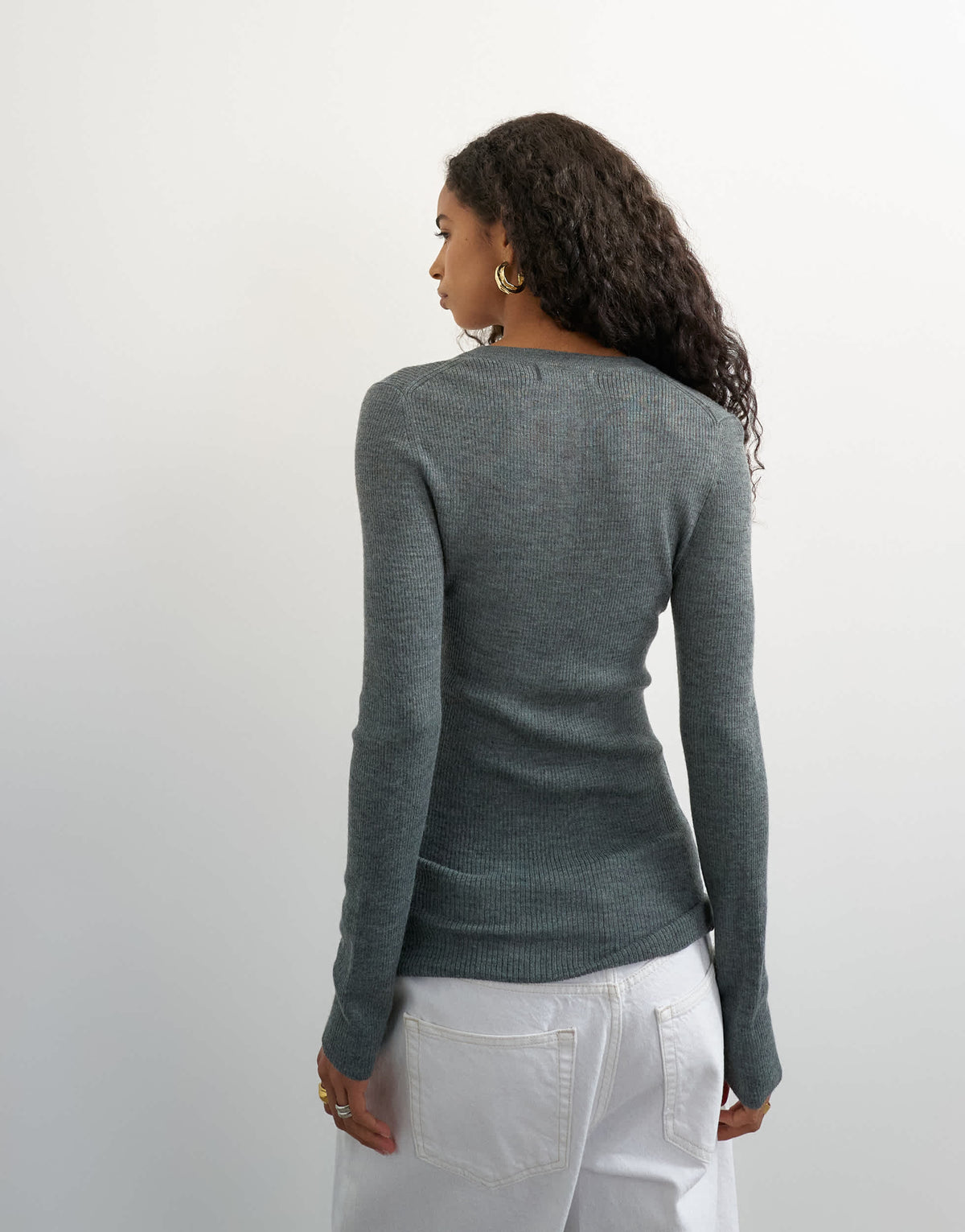 Topshop knitted wool blend henley long sleeve top in charcoal