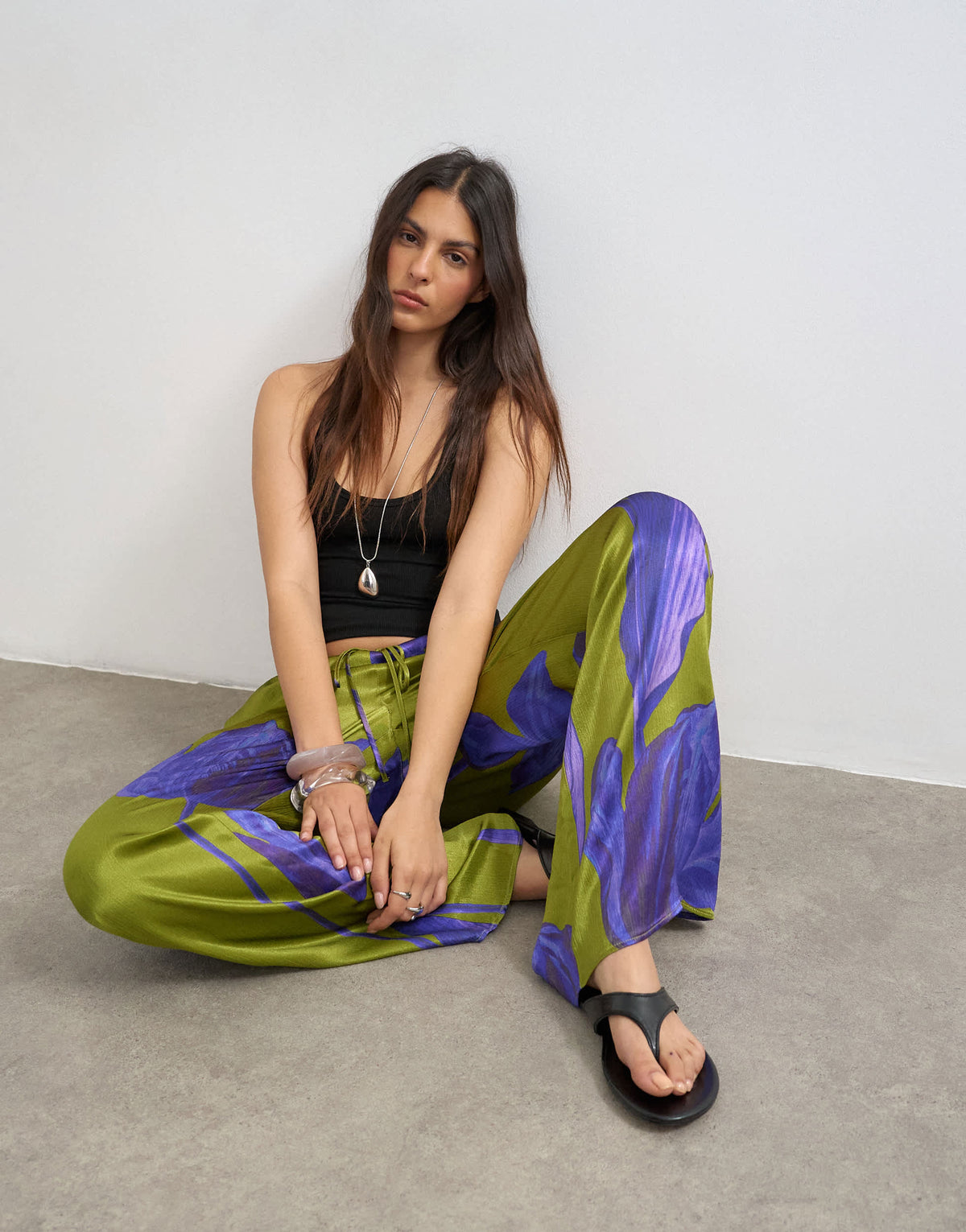Topshop satin tie waist wide leg trouser in green and purple floral