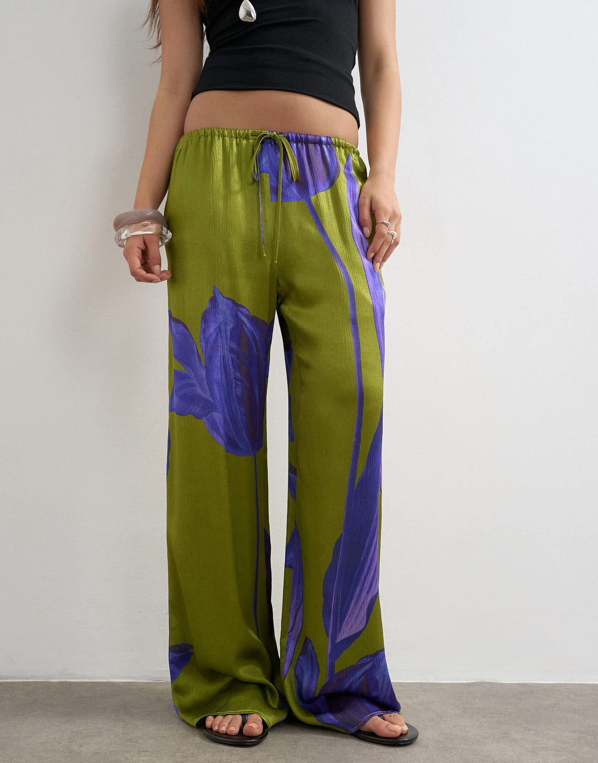 Topshop satin tie waist wide leg trouser in green and purple floral