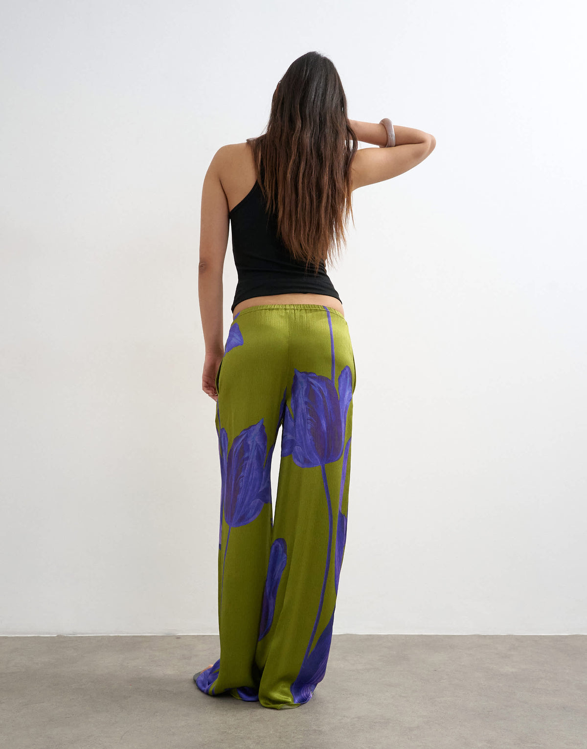 Topshop satin tie waist wide leg trouser in green and purple floral