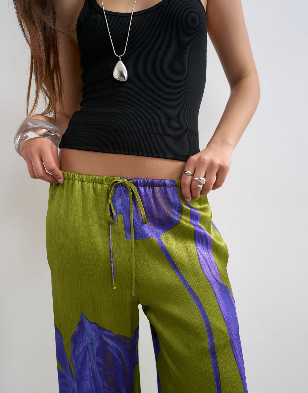 Topshop satin tie waist wide leg trouser in green and purple floral