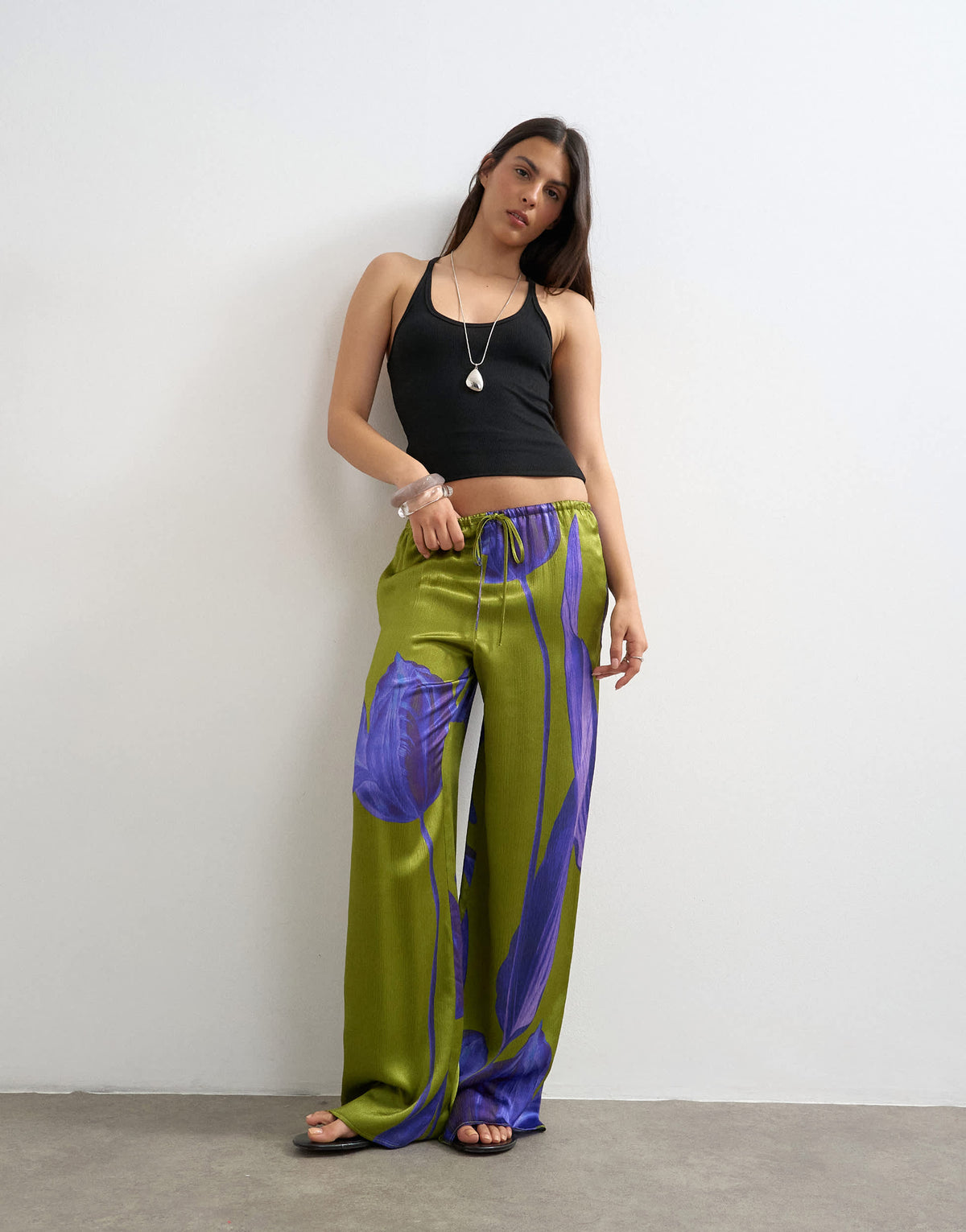 Topshop satin tie waist wide leg trouser in green and purple floral