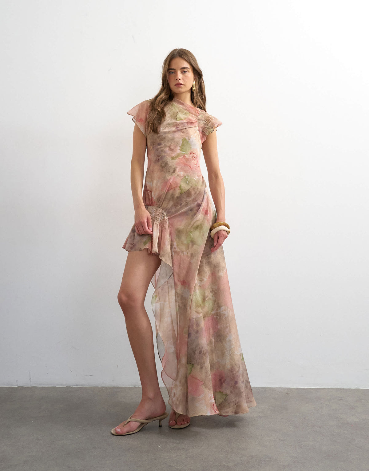 Topshop premium chiffon high low maxi dress with smocking detail in watercolour floral