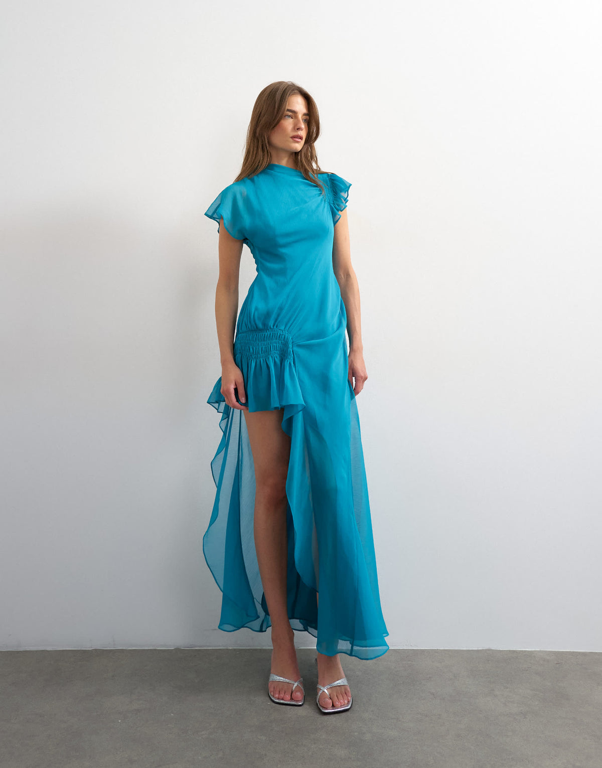 Topshop premium chiffon high low maxi dress with smocking detail in turquoise