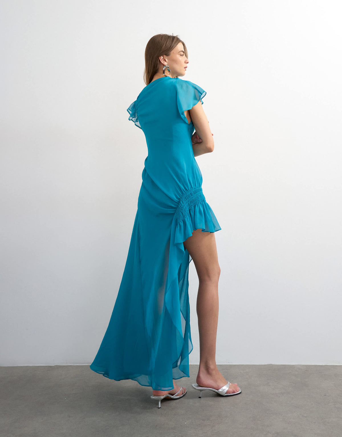 Topshop premium chiffon high low maxi dress with smocking detail in turquoise