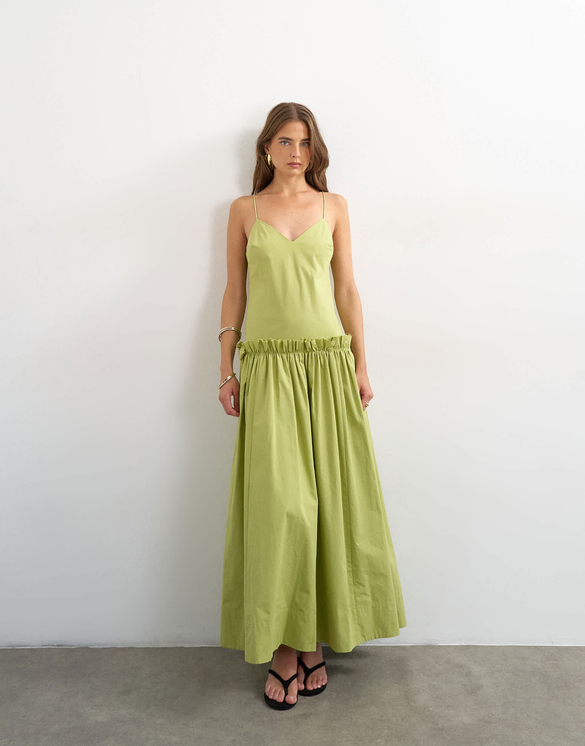 Topshop premium cotton maxi dress with raw edge frill detail in green