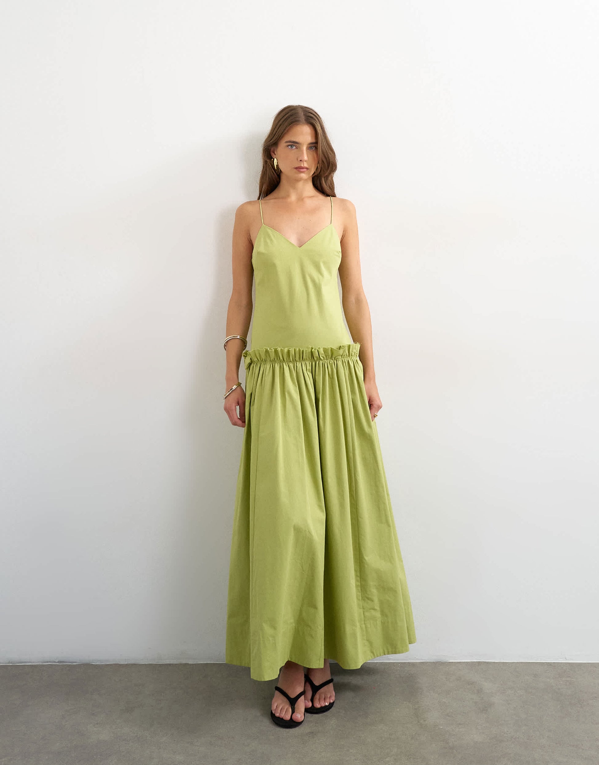 Topshop premium cotton maxi dress with raw edge frill detail in green