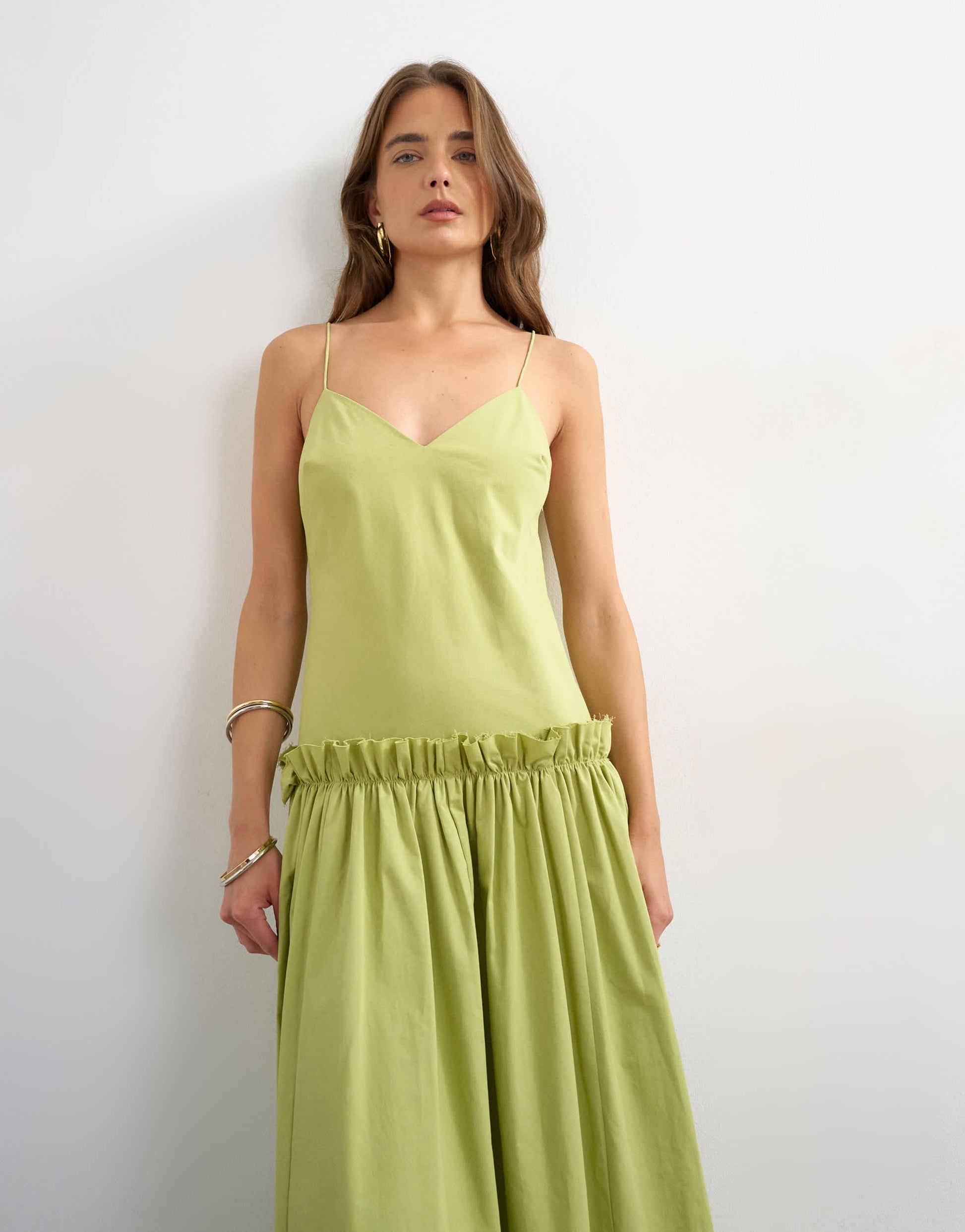 Topshop premium cotton maxi dress with raw edge frill detail in green