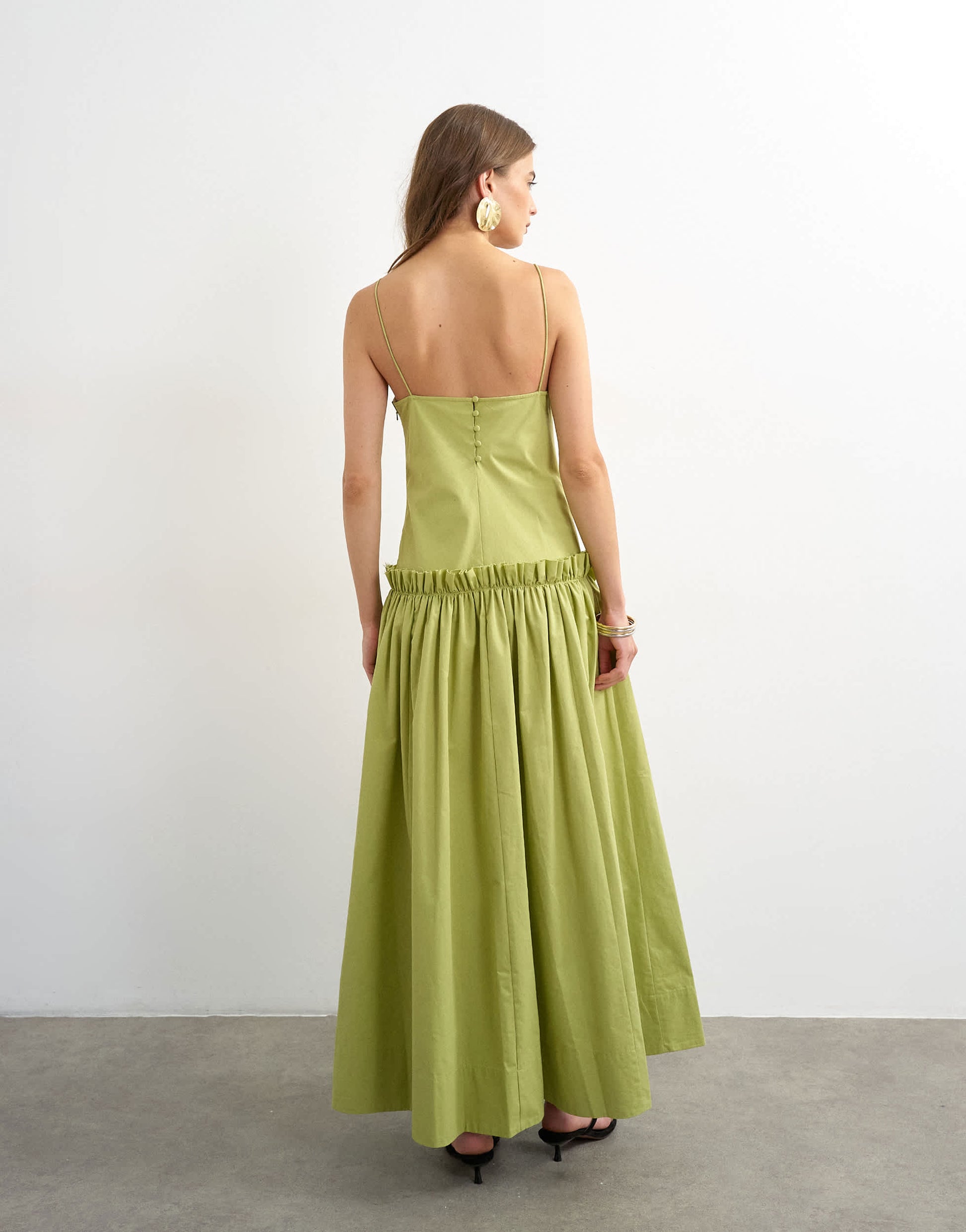 Topshop premium cotton maxi dress with raw edge frill detail in green
