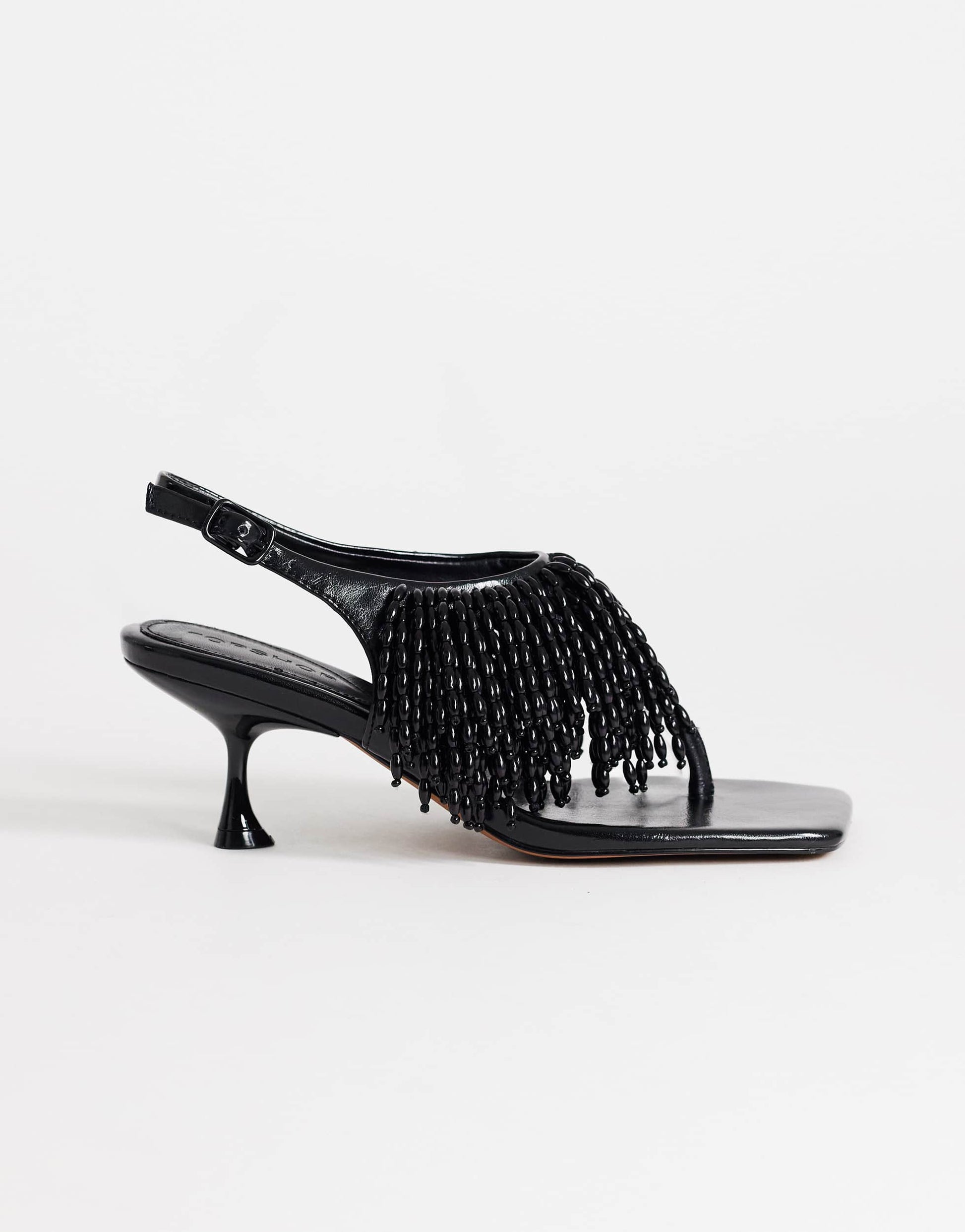 Topshop Night beaded toe thong heeled sandal in black